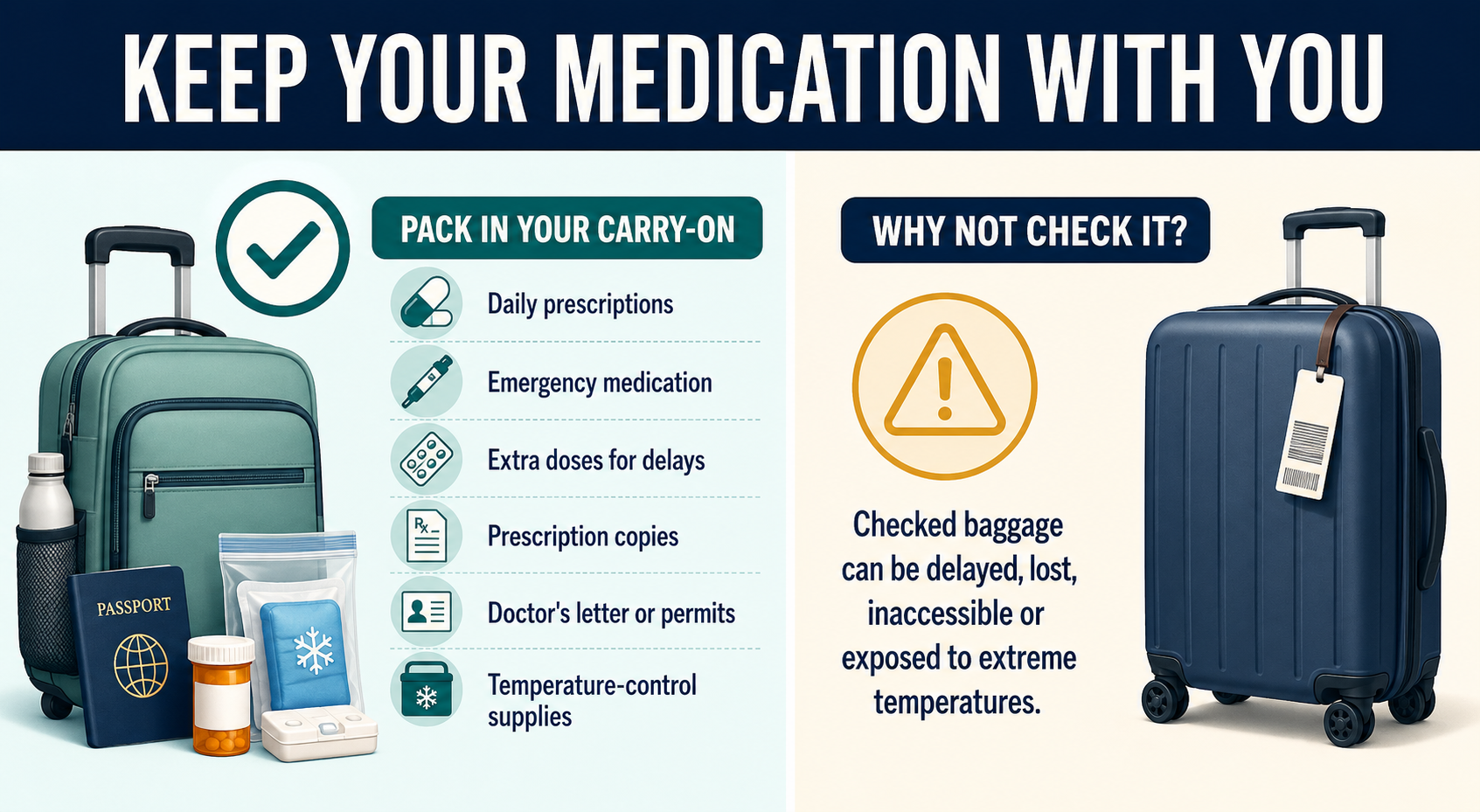 Comparison showing prescription medication packed in carry-on baggage instead of a checked suitcase