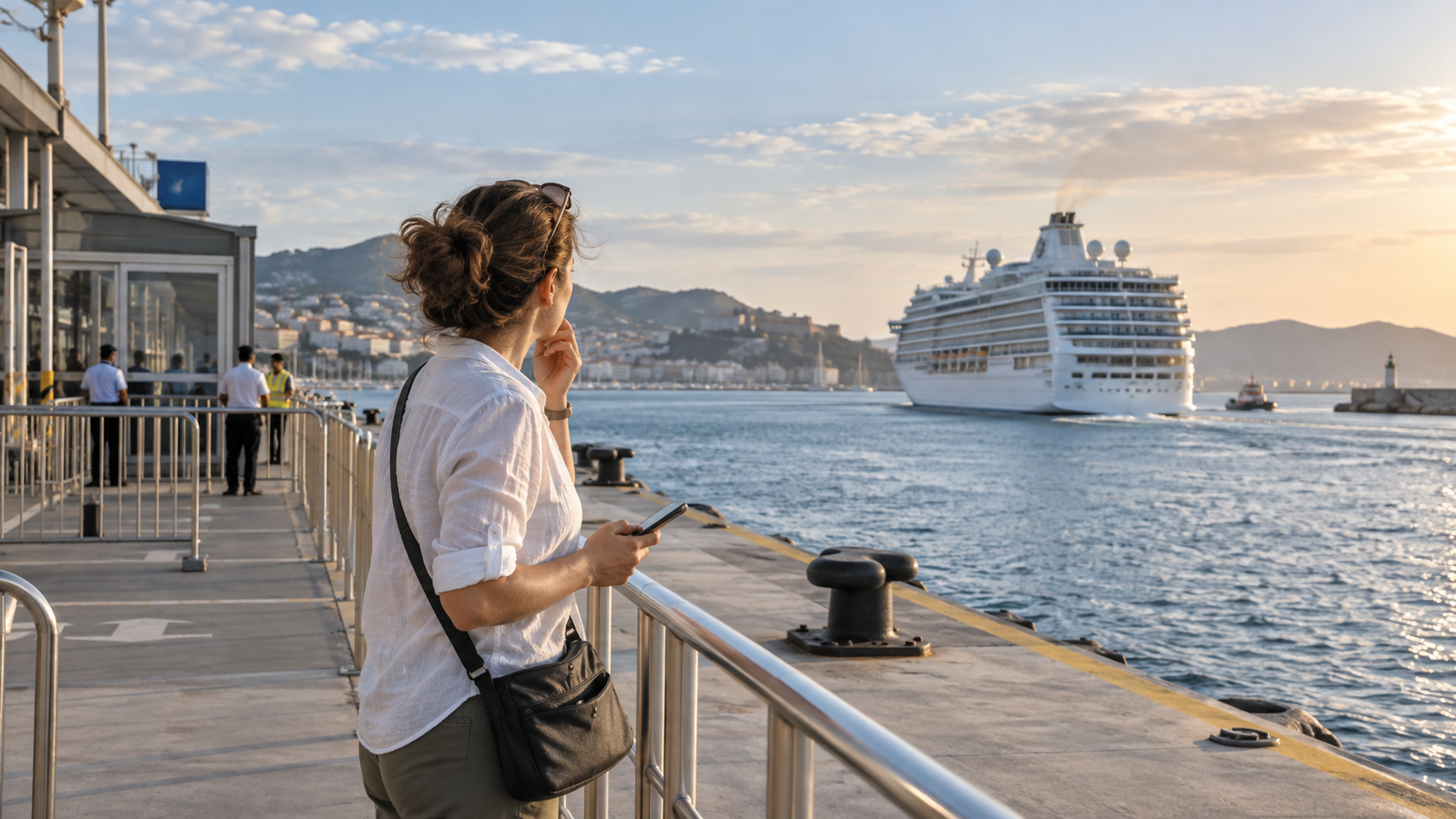 Traveler standing at a cruise pier and checking her phone while her ship departs the harbor.