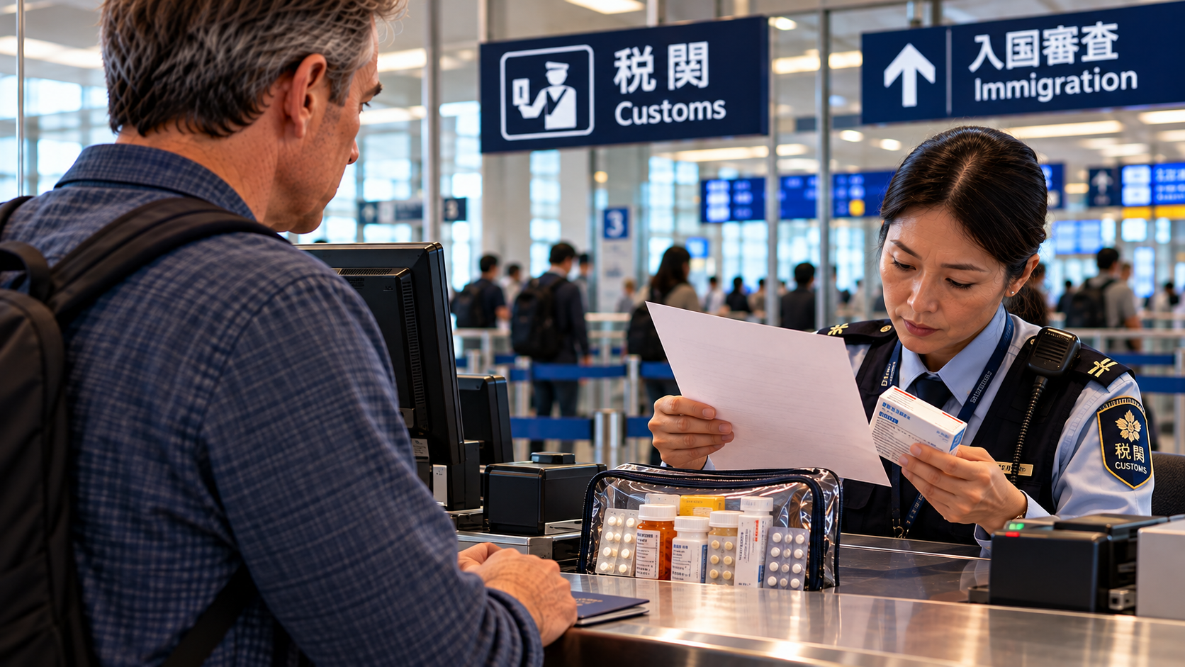 Japanese customs officer examining a doctor's letter and labeled prescription medication at an international airport inspection counter.