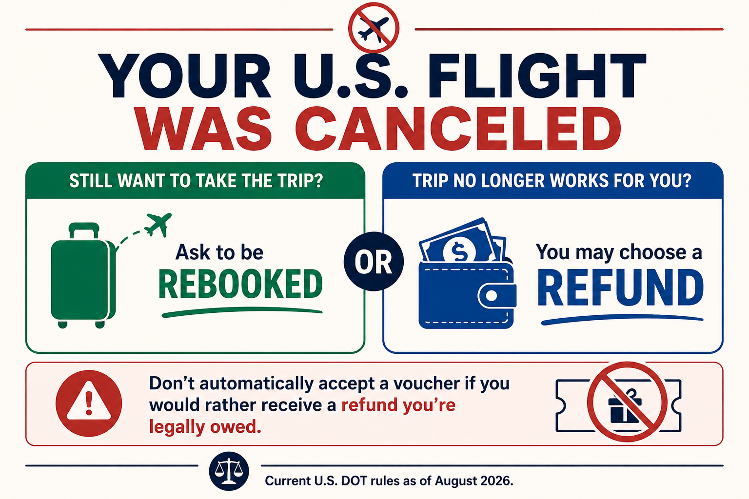 Graphic explaining the choice between rebooking or a refund when a U.S. flight is canceled.