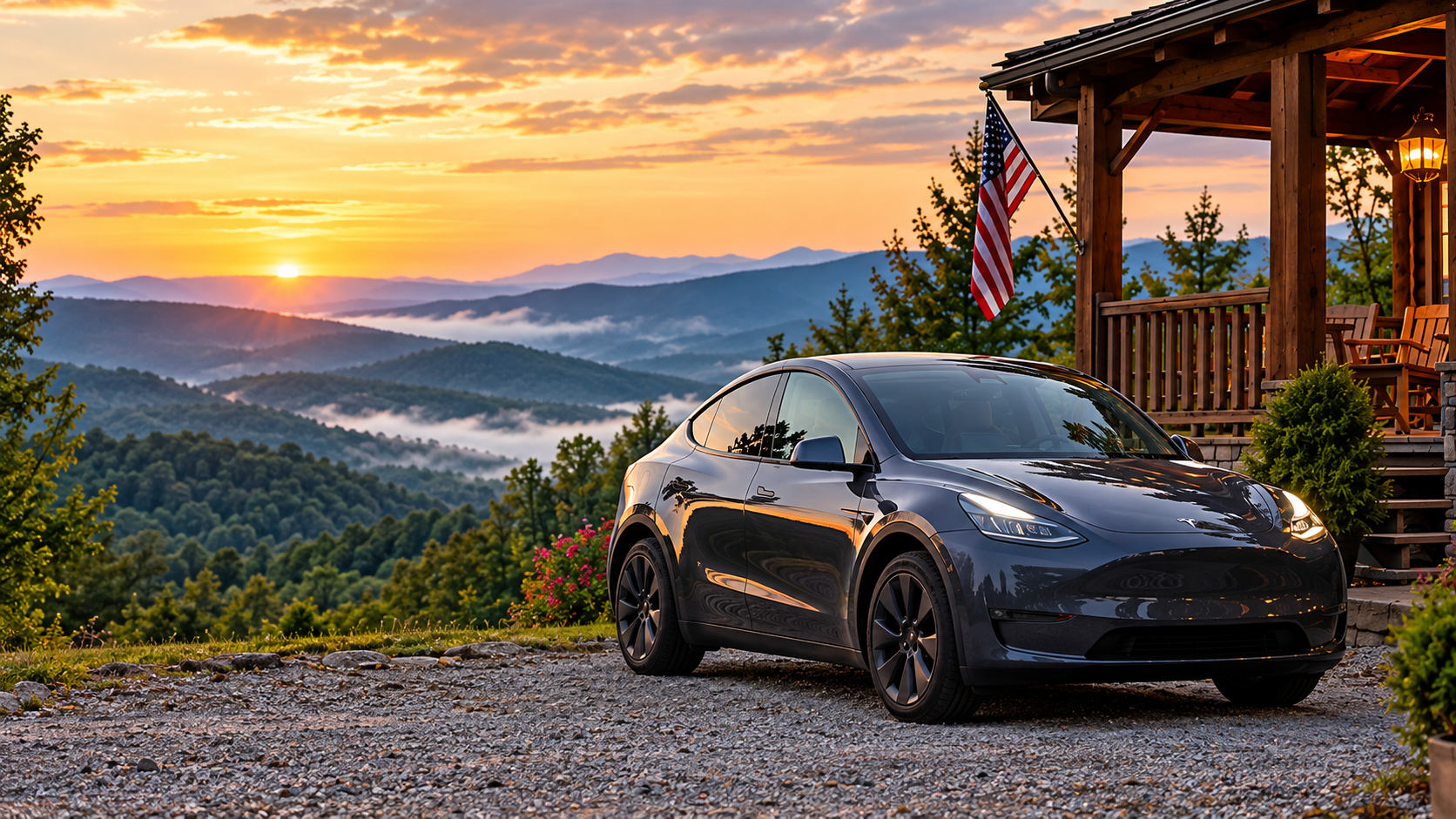 Dark Tesla Model Y on a rural North Georgia road trip, illustrating the challenge of charging an electric vehicle after reaching a destination.