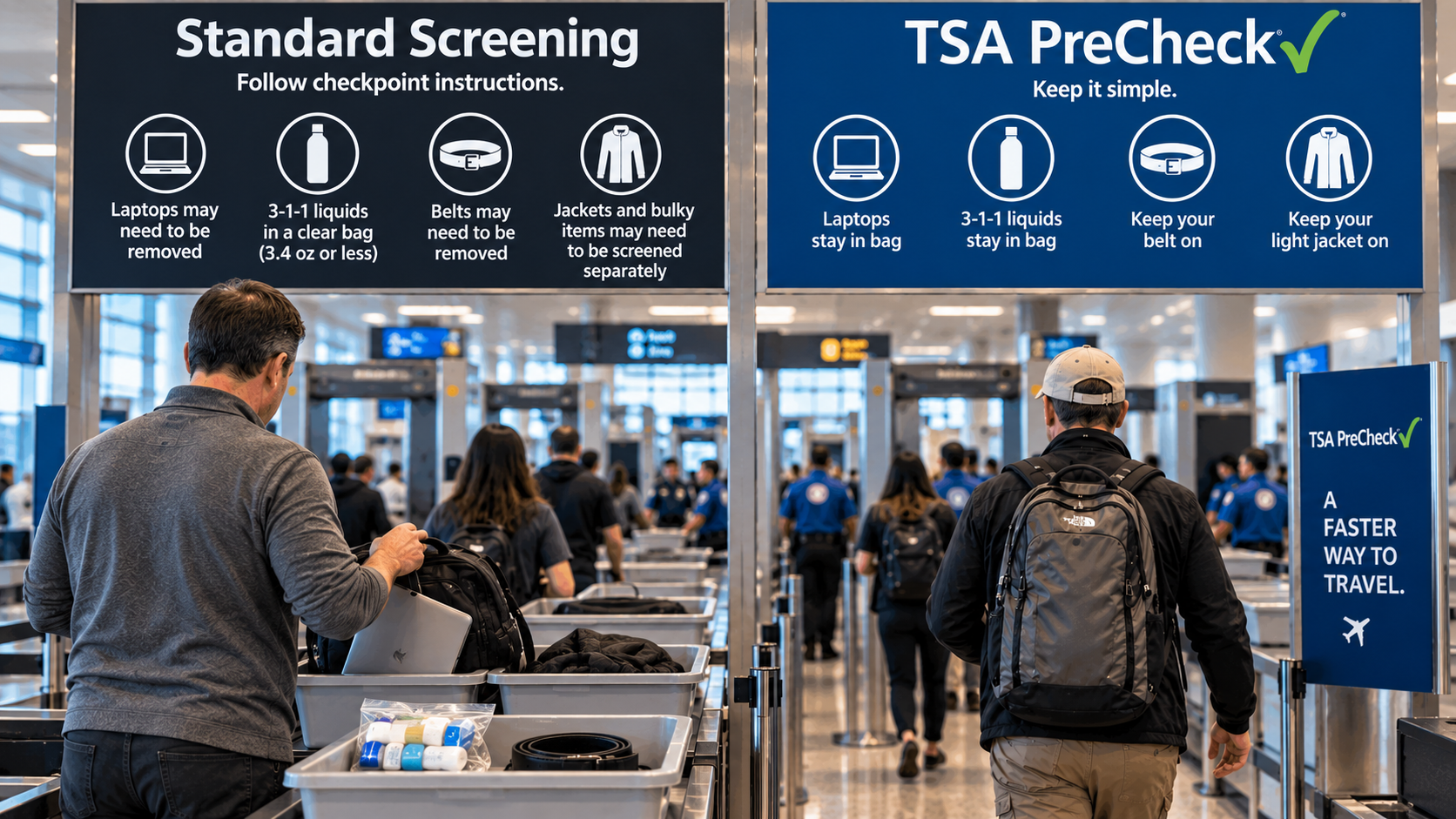 Side-by-side comparison of standard TSA screening and TSA PreCheck procedures at an airport checkpoint.