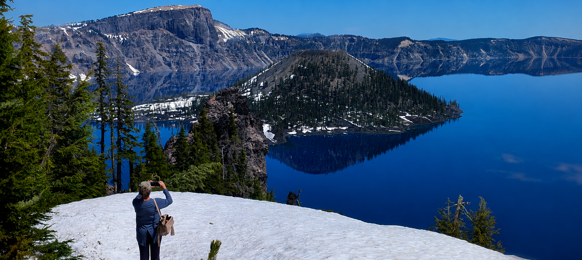 Traveler photographing the deep-blue water and Wizard Island from a snowy overlook at Crater Lake National Park, Oregon.