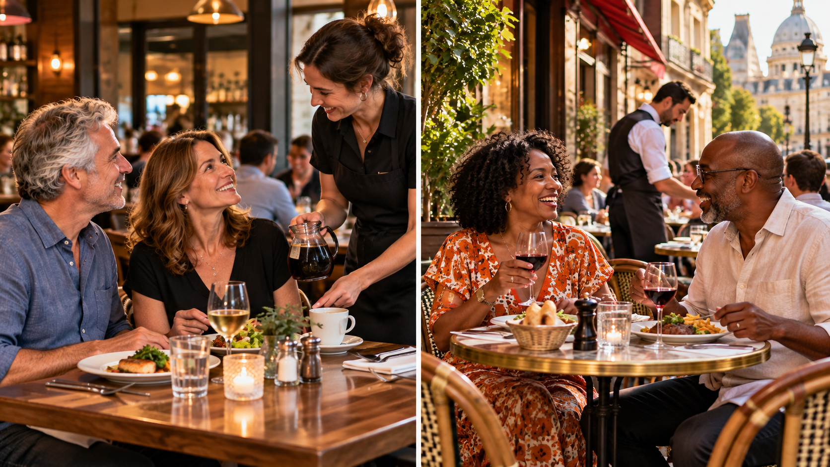 Split-screen comparison of attentive restaurant service in the United States and relaxed outdoor dining in Paris, illustrating how good service can follow different cultural expectations.
