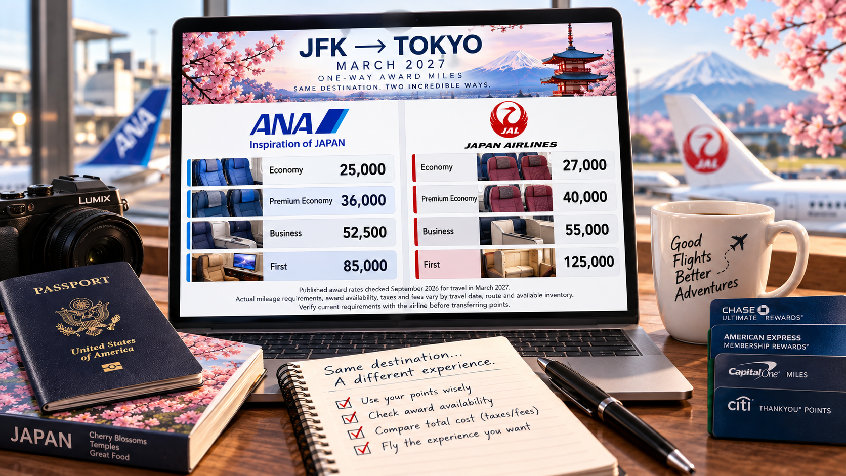 ANA and JAL published one-way award mileage comparison from New York to Tokyo for Economy, Premium Economy, Business and First Class in March 2027.