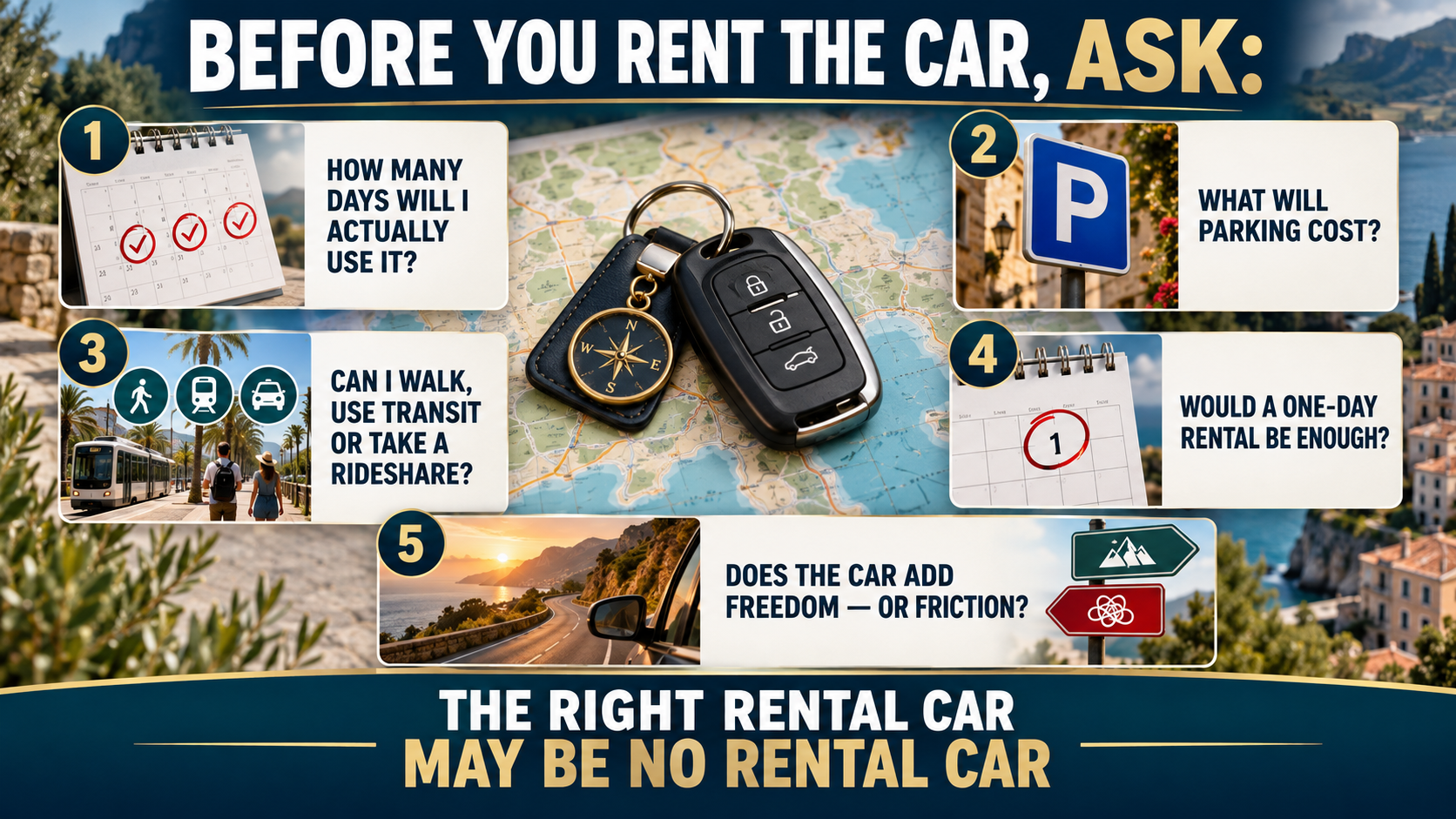 Five-question checklist for deciding whether a trip requires a rental car, covering usage, parking, alternative transportation, one-day rentals and freedom versus friction.