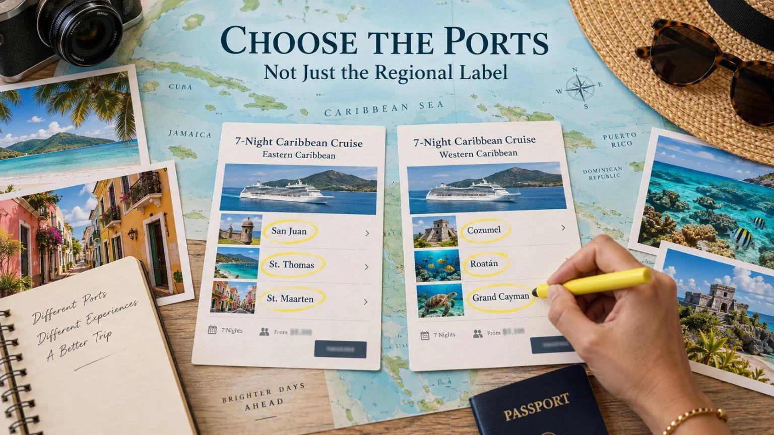 Two Caribbean cruise itineraries compared side by side, with San Juan, St. Thomas and St. Maarten in the east and Cozumel, Roatán and Grand Cayman in the west.