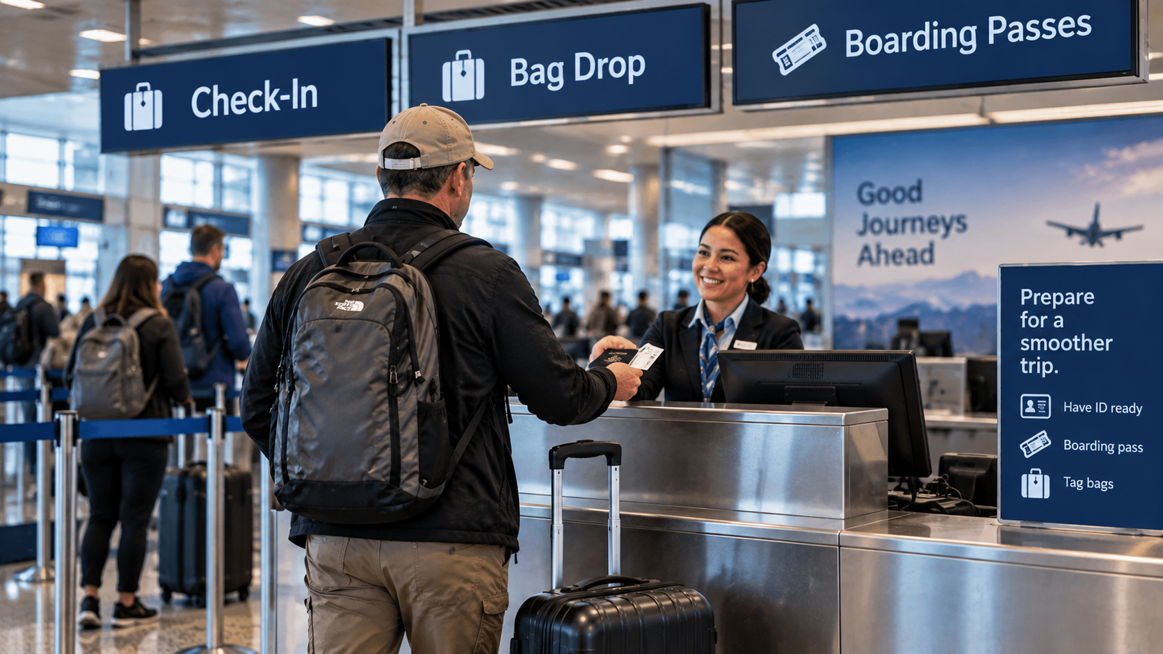 Traveler completing airport check-in and bag drop before heading to TSA security.