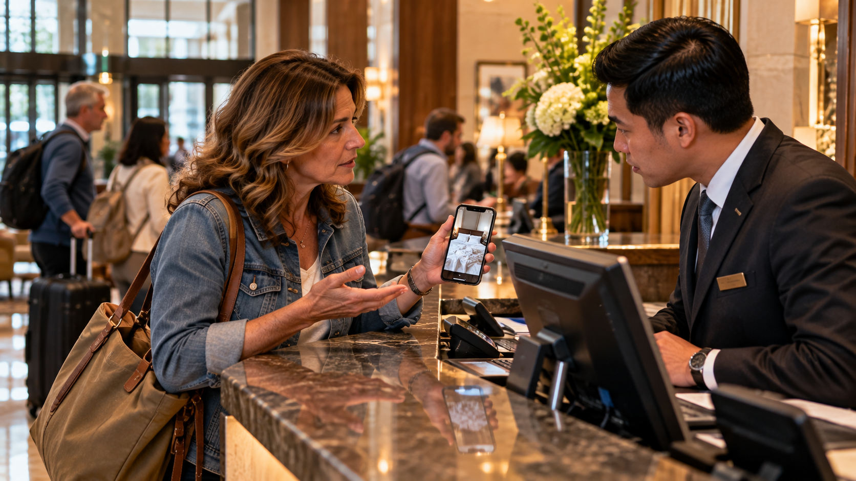 Hotel guest calmly explaining a room cleanliness problem to an attentive receptionist, illustrating how travelers can address poor service respectfully.