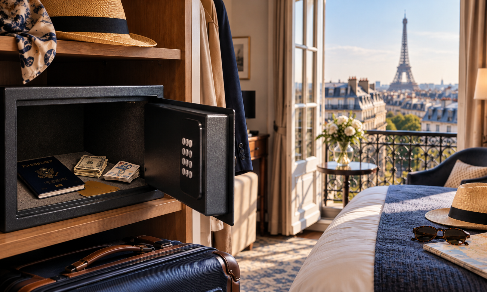 Open electronic safe in a Paris hotel room containing a U.S. passport, a few U.S. dollar and euro notes, and a credit card, with Parisian rooftops and the Eiffel Tower visible through the window.