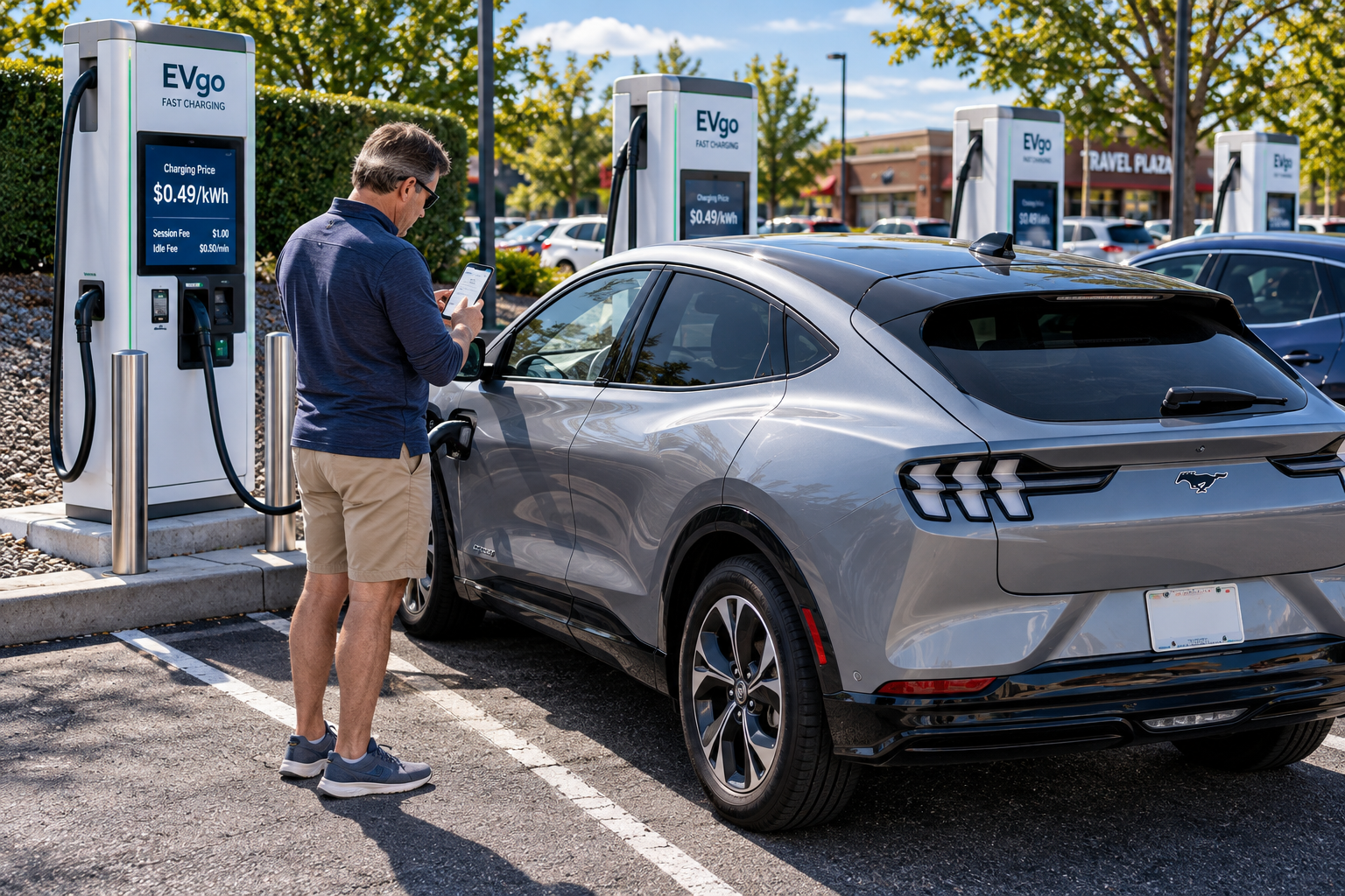 Driver reviewing public EV charging prices beside a Ford Mustang Mach-E connected to an EVgo fast charger at a highway travel plaza.