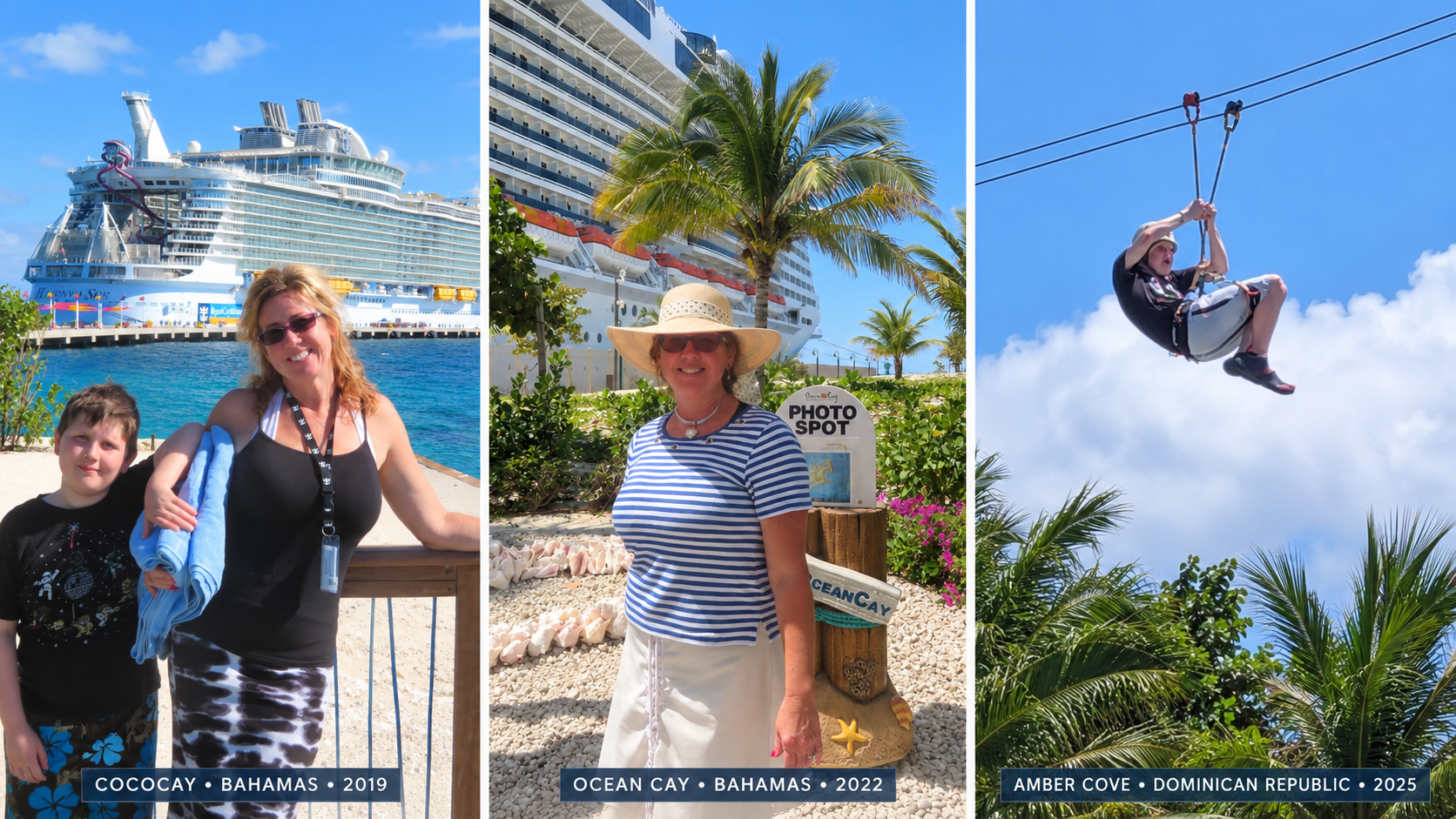 Three cruise photographs showing CocoCay in The Bahamas in 2019, Ocean Cay in The Bahamas in 2022 and Amber Cove in the Dominican Republic in 2025.