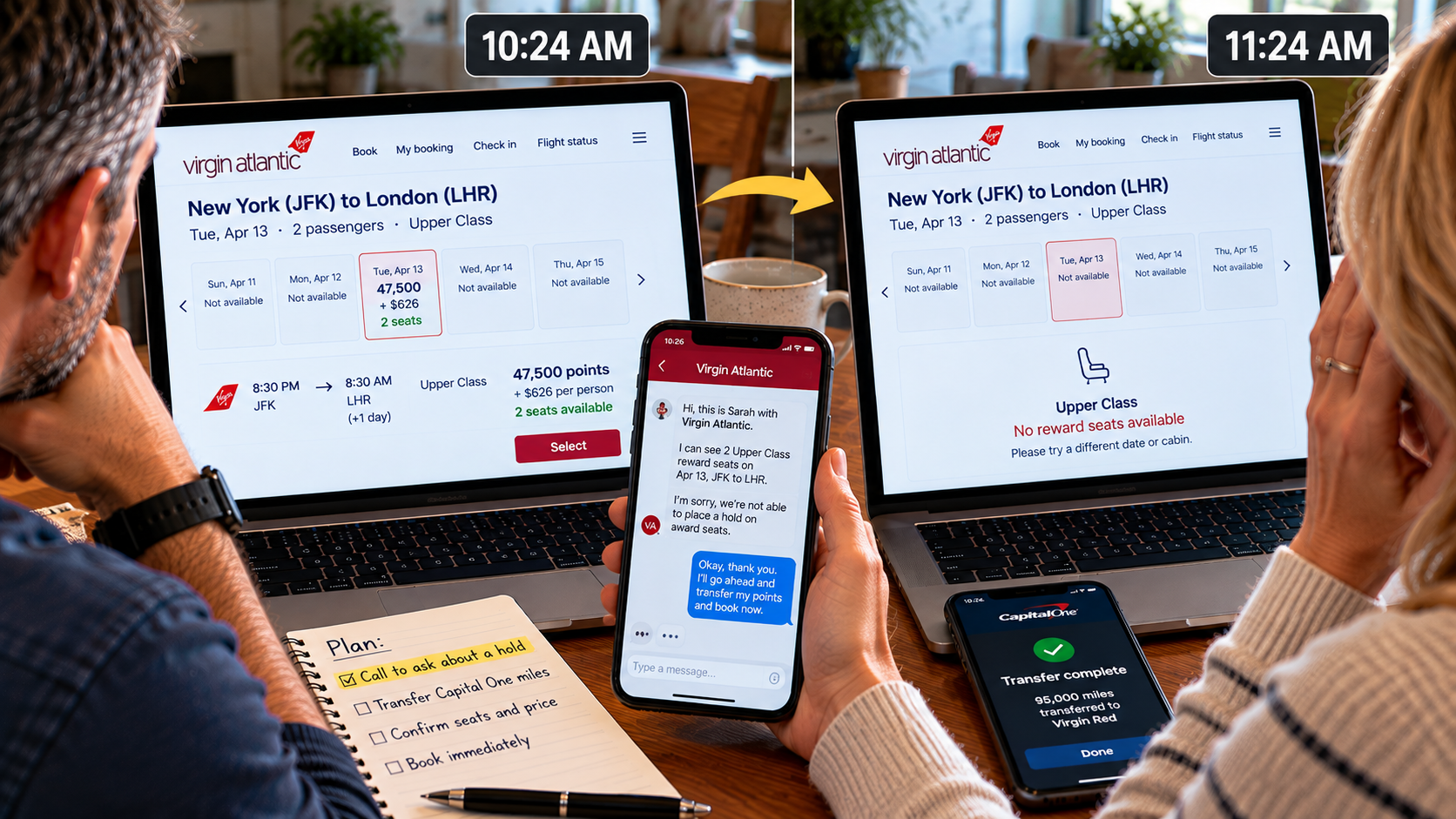 Virgin Atlantic award search showing two Upper Class reward seats before a Capital One points transfer, followed by the same search an hour later after the desired award availability has disappeared.