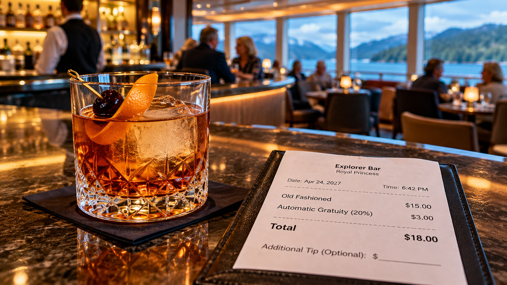 Old Fashioned cocktail on a cruise ship bar beside an itemized receipt showing a $15 drink, a $3 automatic gratuity, and an optional additional tip line.