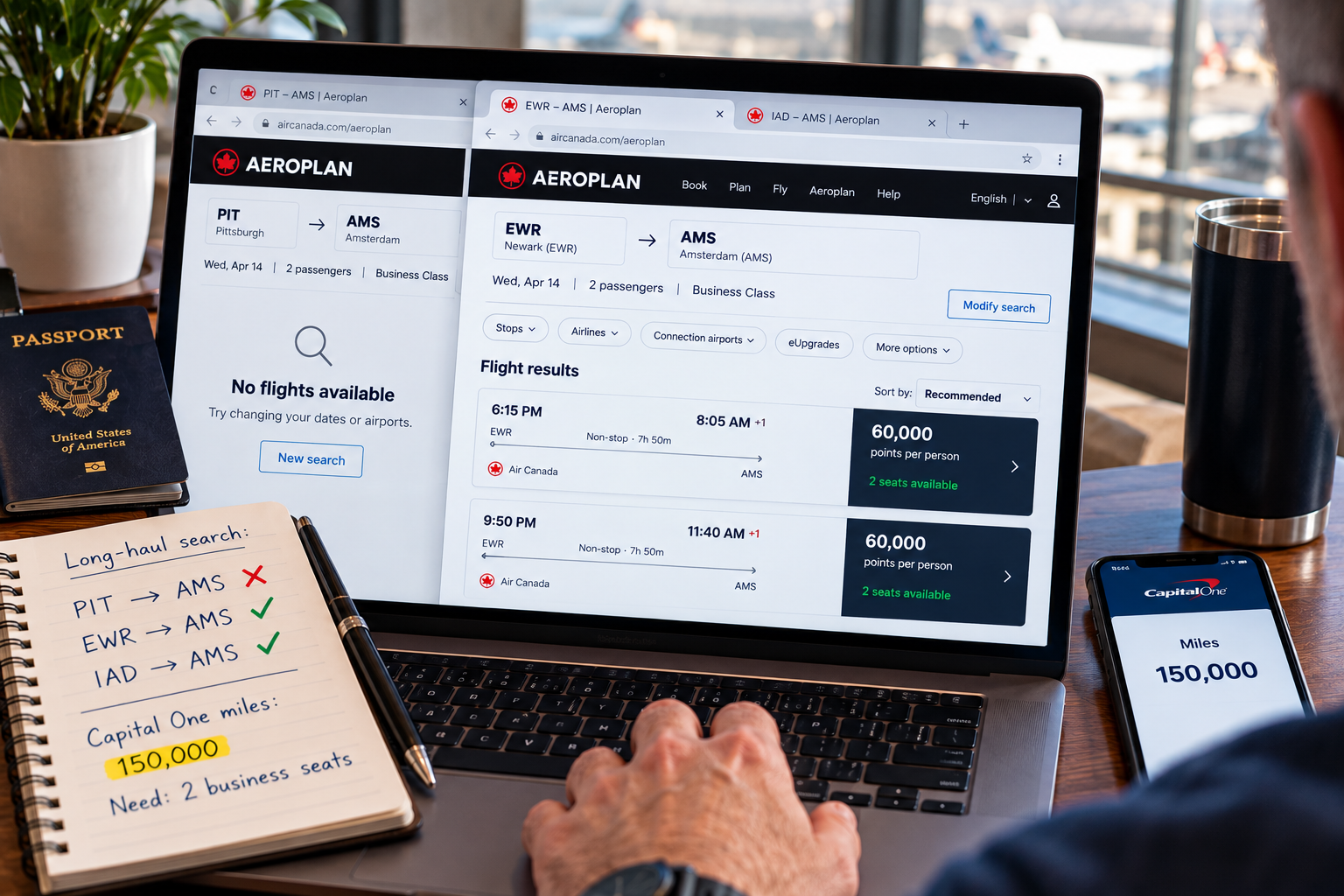 Traveler searching Air Canada Aeroplan for two business-class award seats to Amsterdam, finding no flights from Pittsburgh before locating award availability from Newark and Washington.