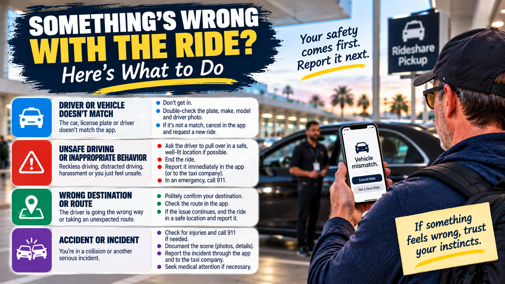 Rideshare safety infographic explaining what to do when the driver or vehicle doesn't match, driving or behavior feels unsafe, the route appears wrong or an accident occurs.