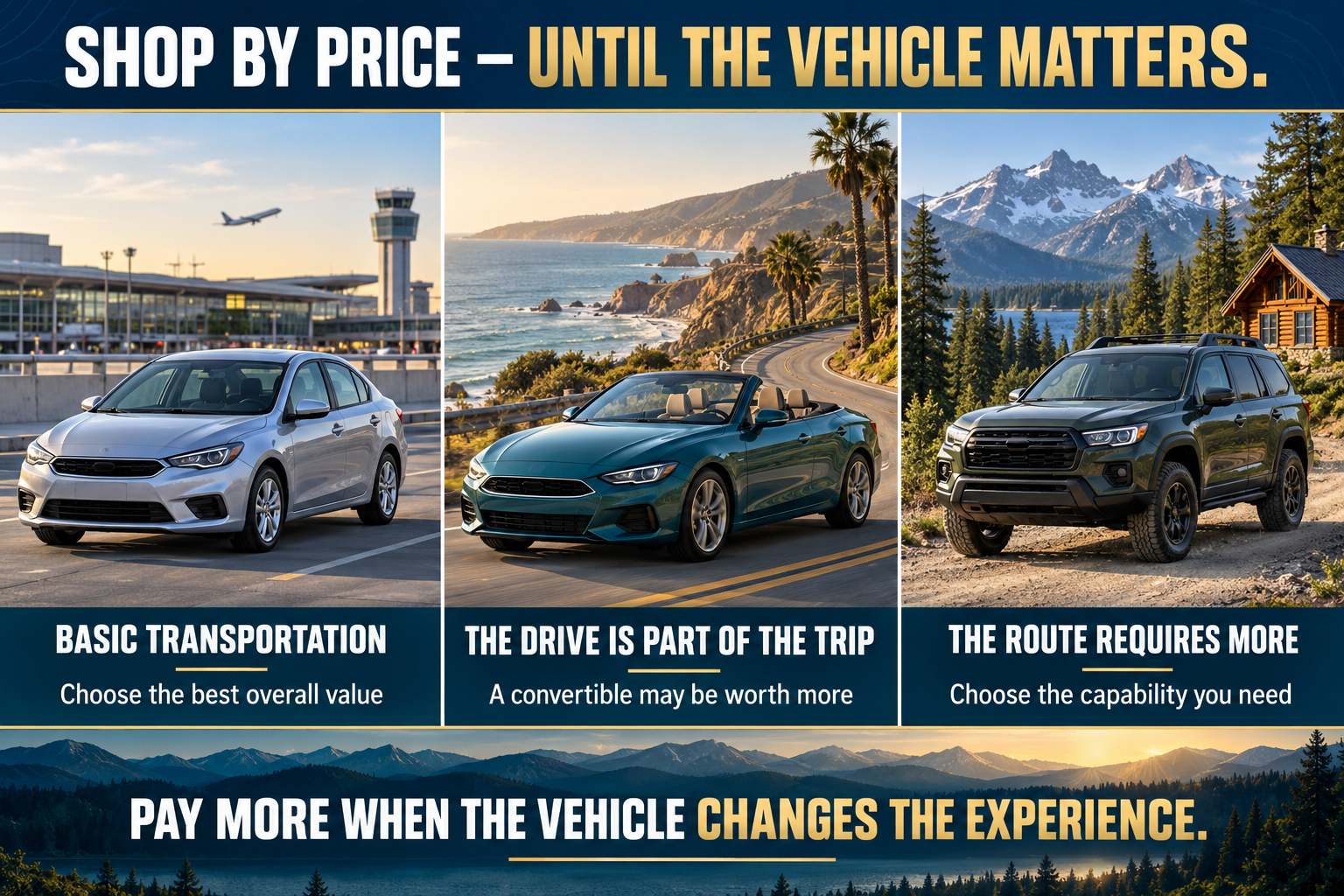 Compact rental sedan at an airport, convertible on a coastal road and four-wheel-drive SUV near a mountain cabin, illustrating when the vehicle may be worth paying more for.