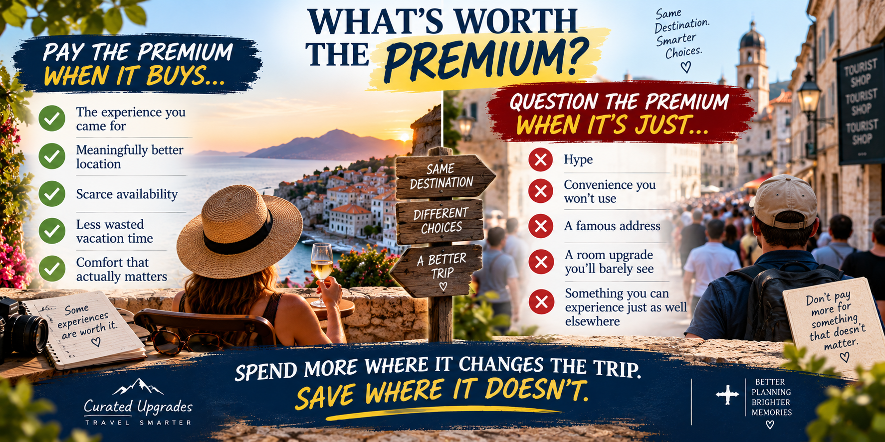 Travel infographic comparing worthwhile peak-season premiums, such as meaningful experiences, better locations and saved vacation time, with expenses that may add little value.