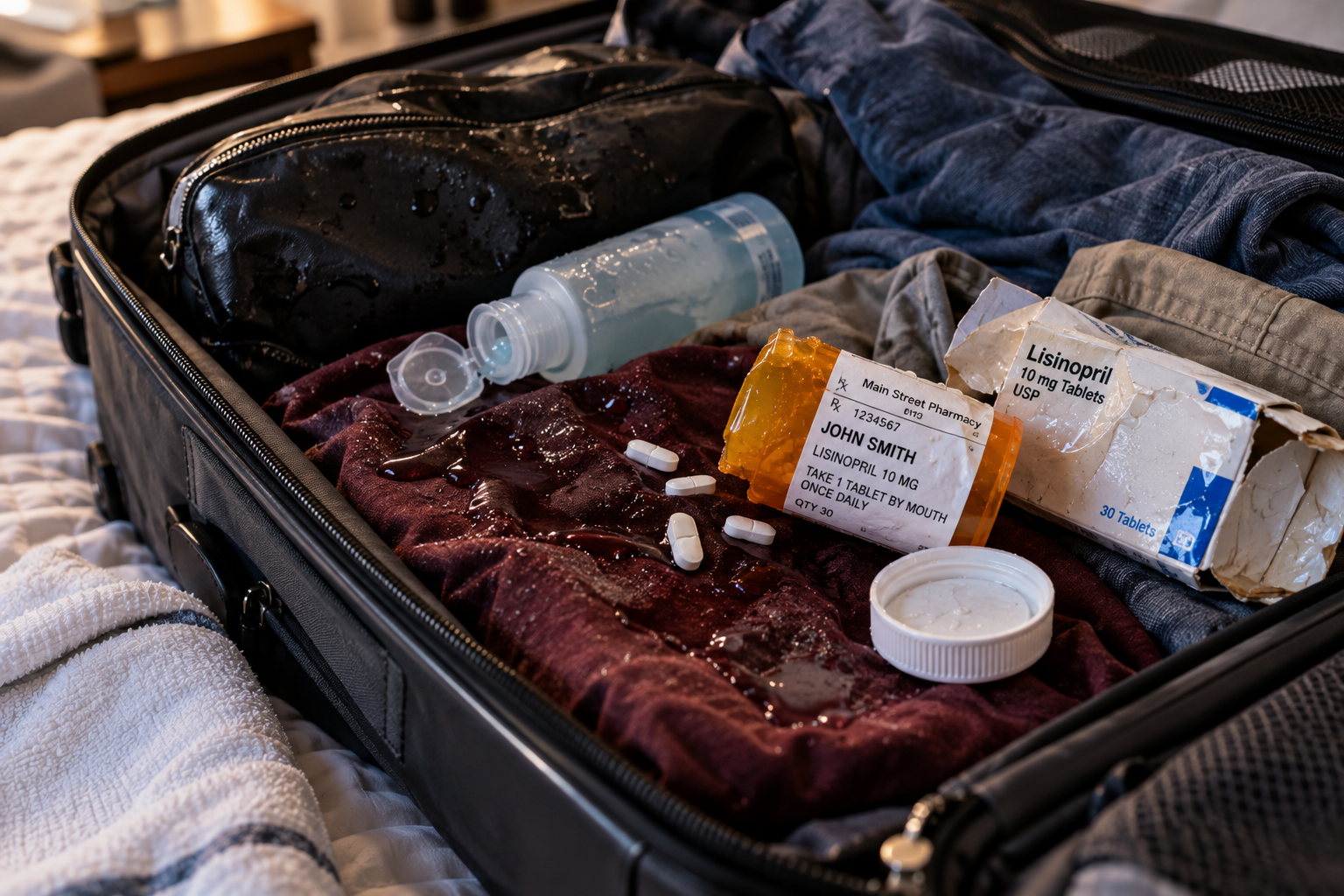 Prescription medication and wet clothing inside a suitcase after liquid spilled during travel.