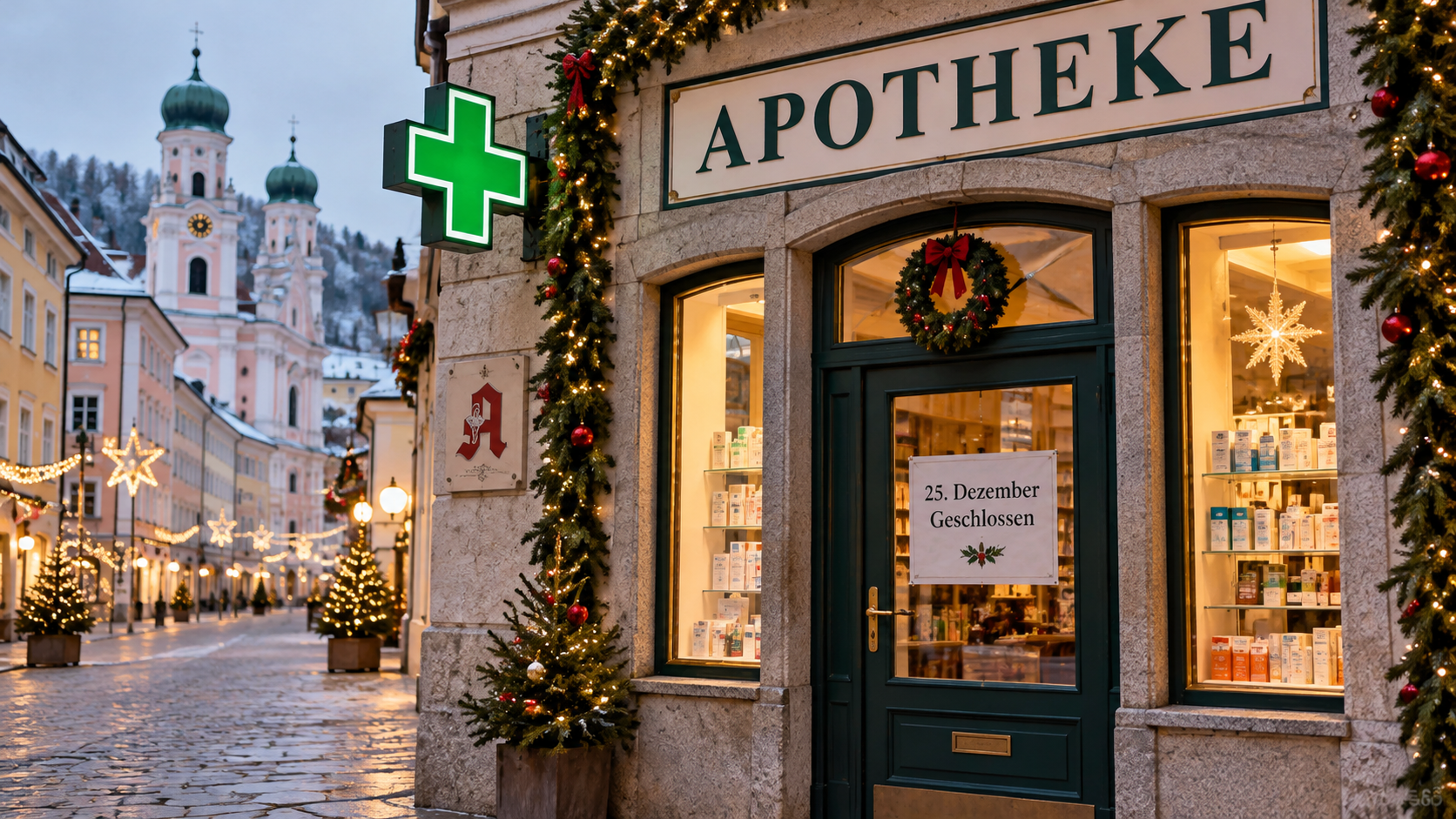 Christmas-decorated Austrian pharmacy with a green pharmacy cross and a sign announcing closure on December 25, illustrating the difficulty of obtaining medication during European holidays.