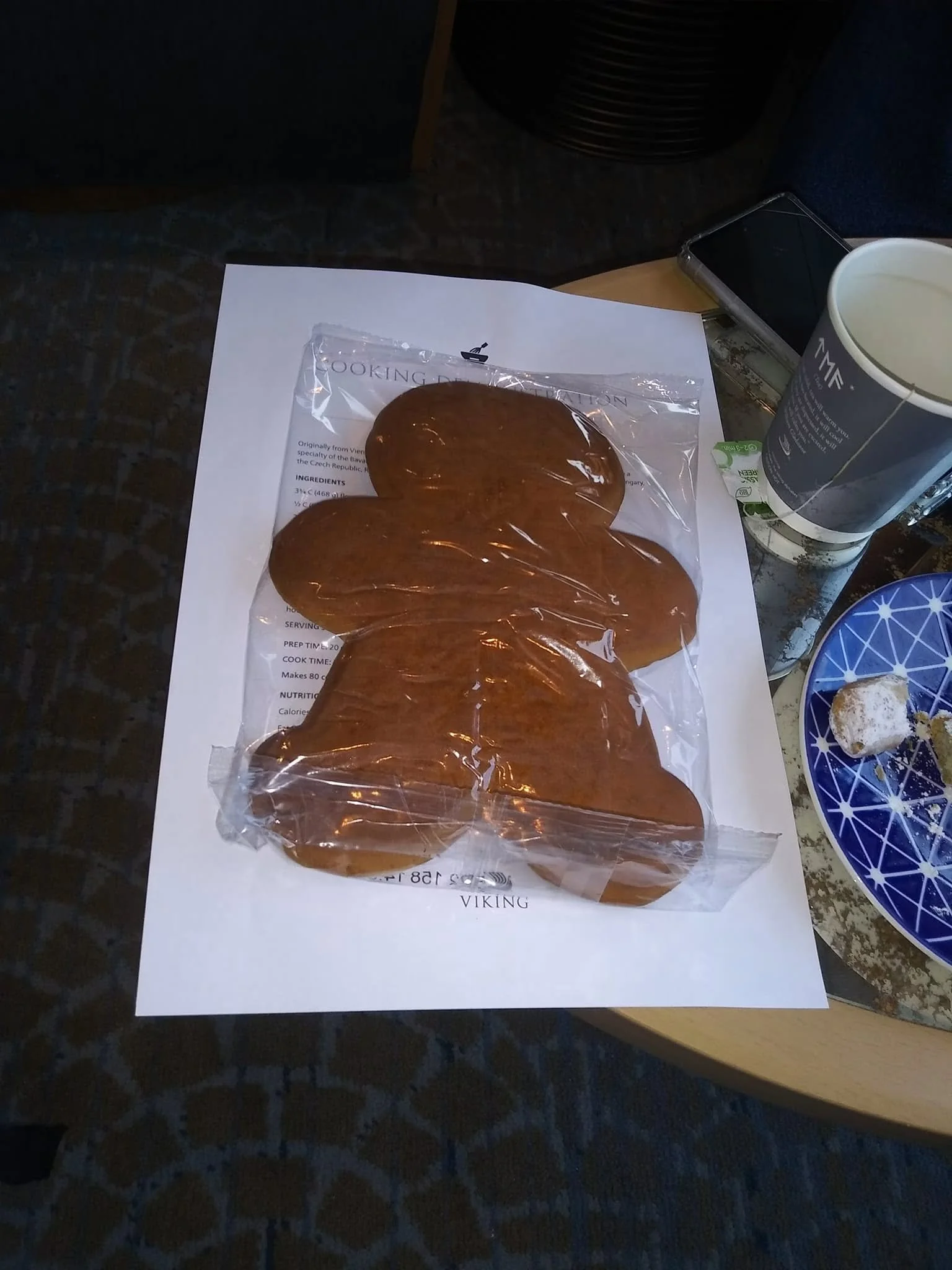 Gingerbread man packaged aboard Viking Ingvi after passengers decorated cookies prepared by the ship's chef during Christmas 2023.