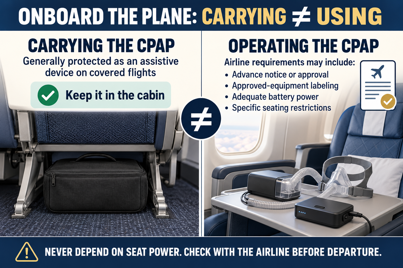 Airplane infographic contrasting carrying a CPAP in the cabin with operating it during a flight, which may require airline approval, equipment labeling, adequate battery power and specific seating arrangements.