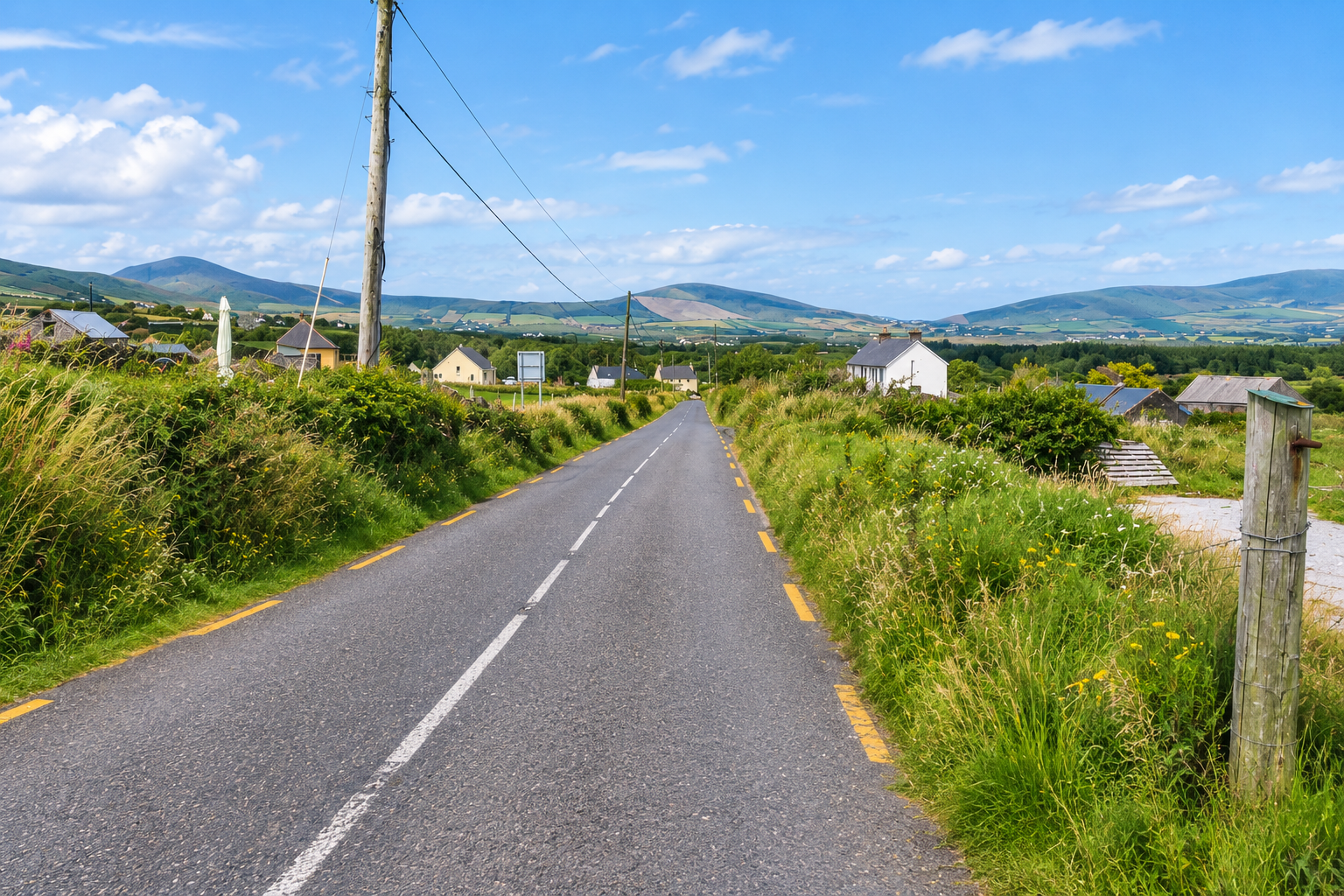 Quiet rural road through the Irish countryside representing a road-trip itinerary with manageable driving days and flexible time between planned stops.