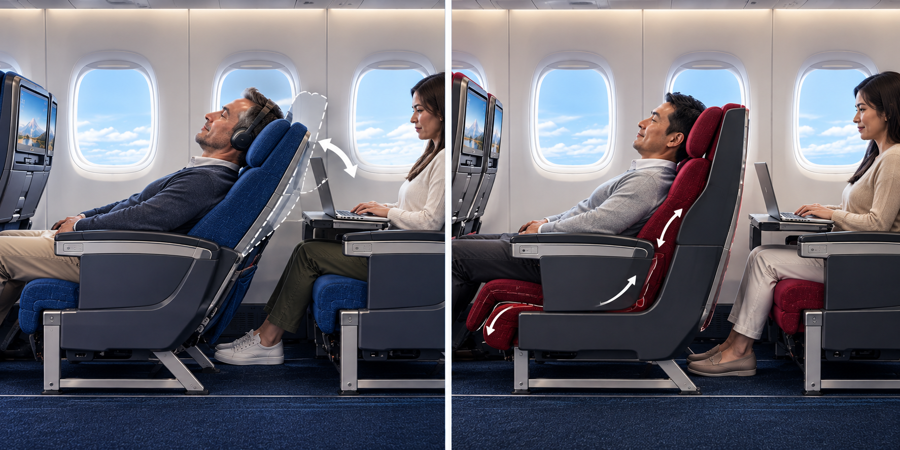 Premium Economy comparison showing a conventional reclining seat reducing rear workspace and a fixed-back seat reclining within its own space.