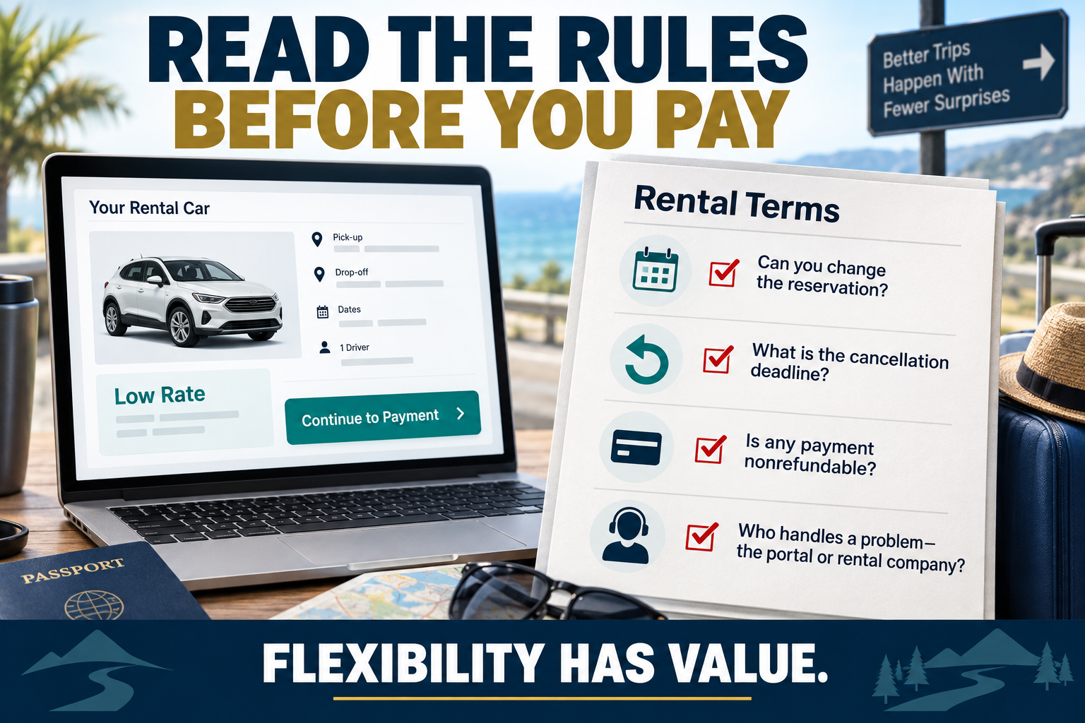 Rental-car checkout screen beside a checklist prompting travelers to verify reservation changes, cancellation deadlines, nonrefundable payments and who handles booking problems before paying.