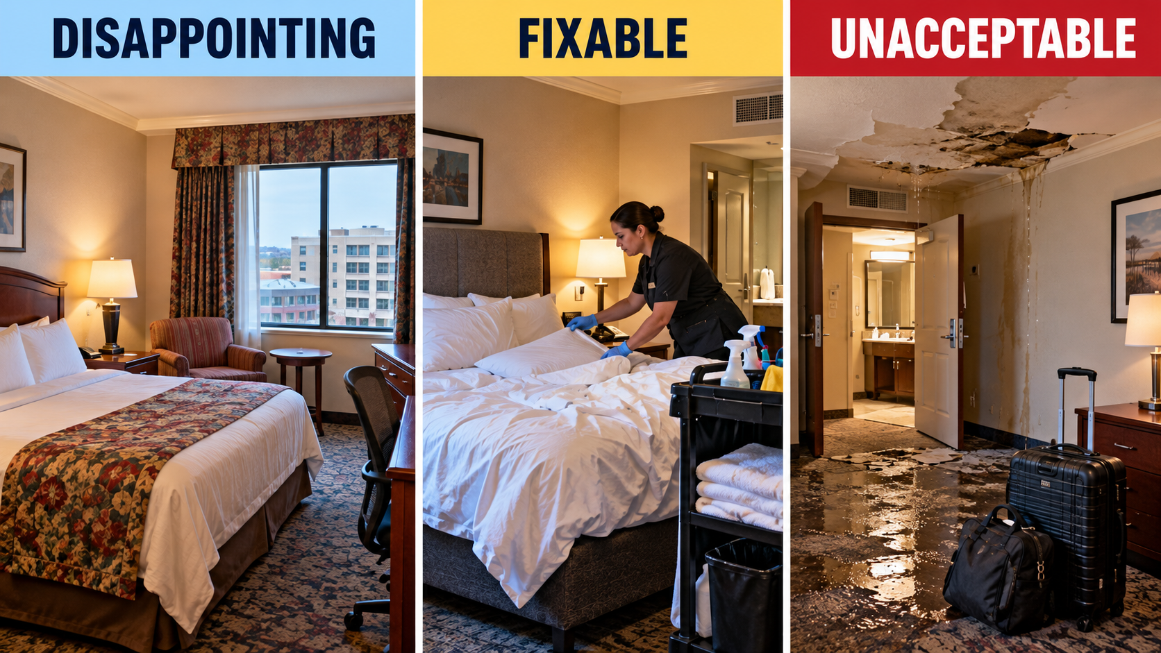 Three hotel rooms illustrating the difference between a disappointing but usable room, a fixable housekeeping problem and a seriously unacceptable room with substantial water damage.