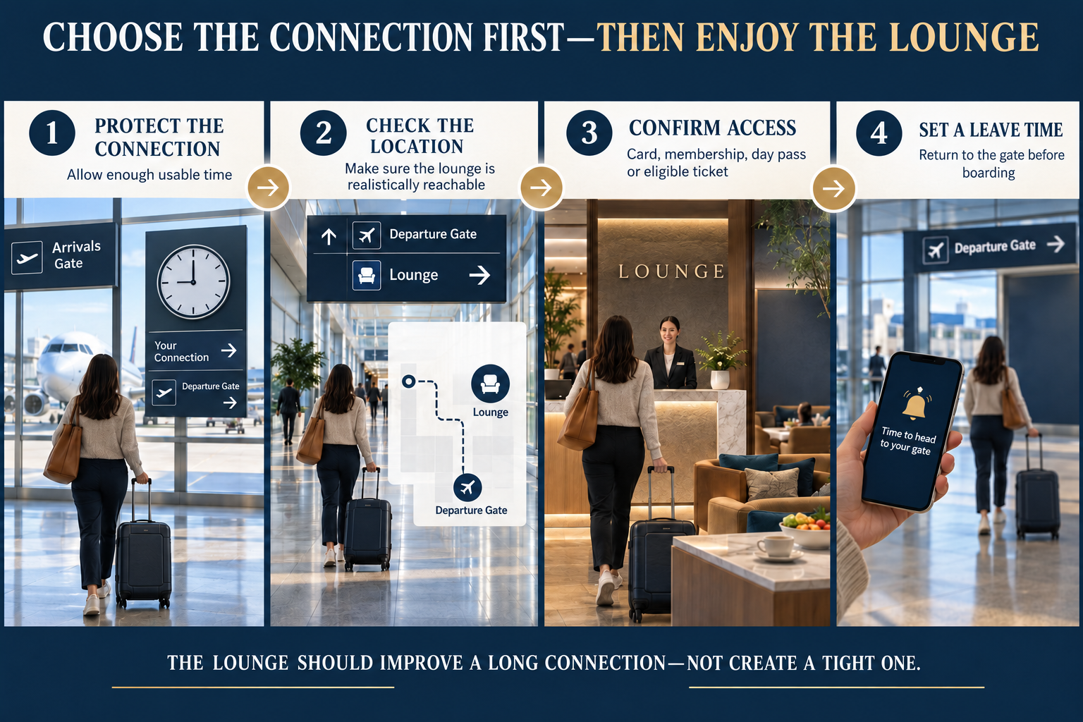 Four-step airport-lounge plan advising travelers to protect the connection, check the lounge location, confirm access and set a leave time so the lounge visit does not create a missed flight.