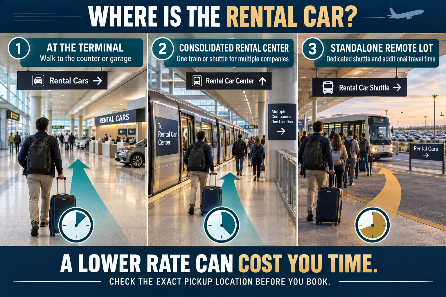 Comparison of rental-car pickup at an airport terminal, a consolidated rental center reached by train or shuttle, and a standalone remote lot requiring a dedicated shuttle and additional travel time.
