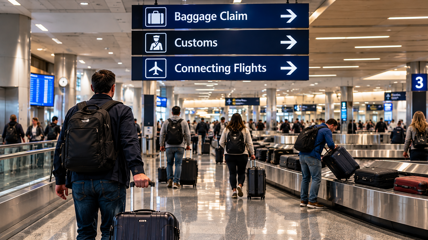 International arrivals area with signs directing passengers toward baggage claim, customs and connecting flights.