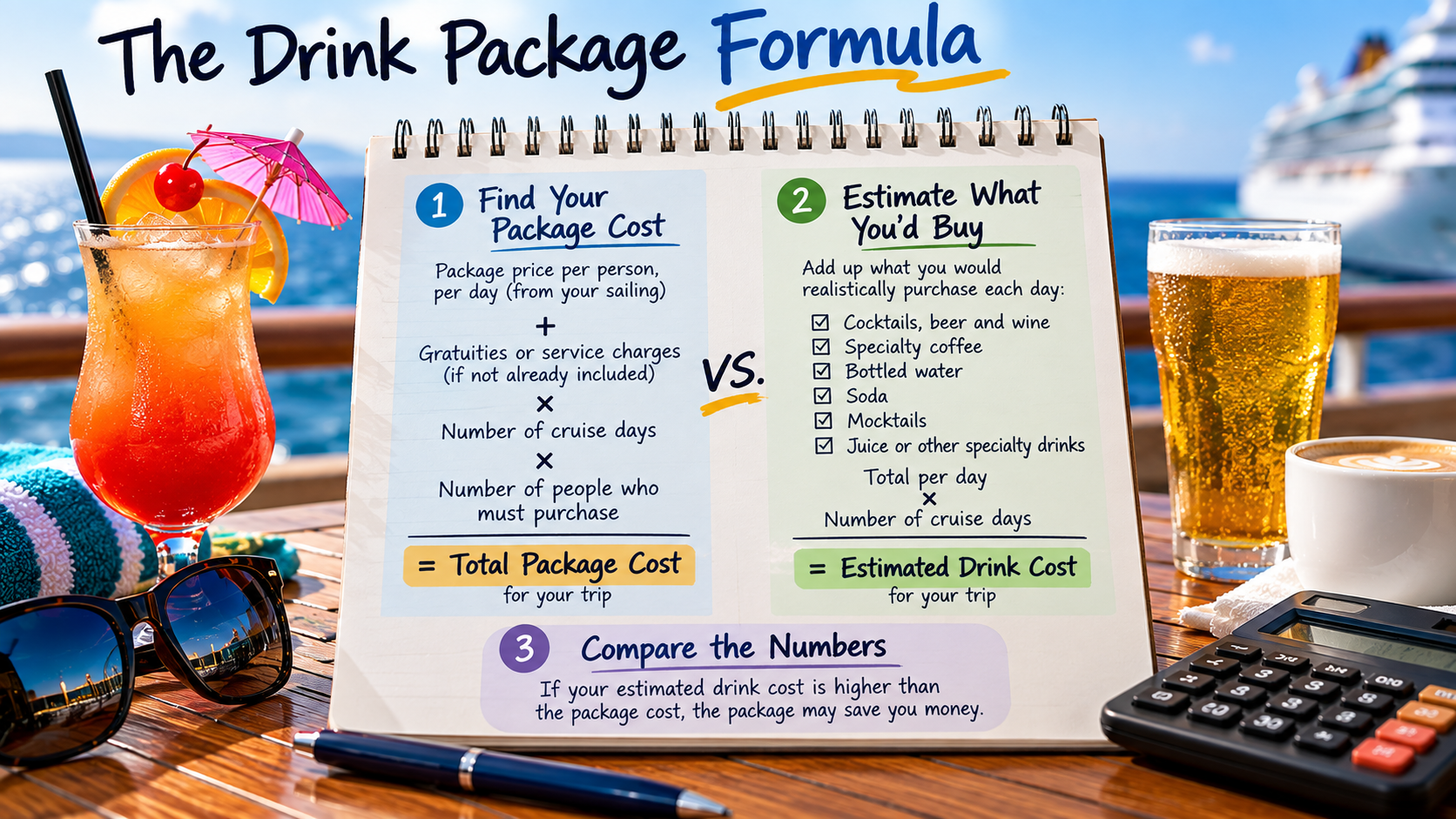 Cruise drink package break-even calculation comparing the daily package price with the cost of drinks a traveler would normally buy.