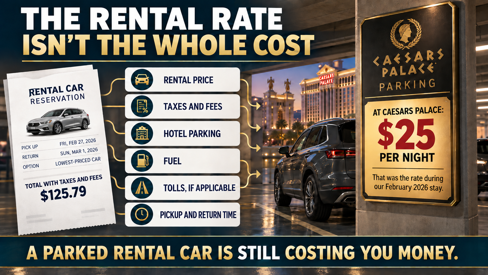 Lowest-priced rental-car reservation totaling $125.79 with taxes and fees, plus additional cost considerations and the $25 nightly Caesars Palace parking rate.