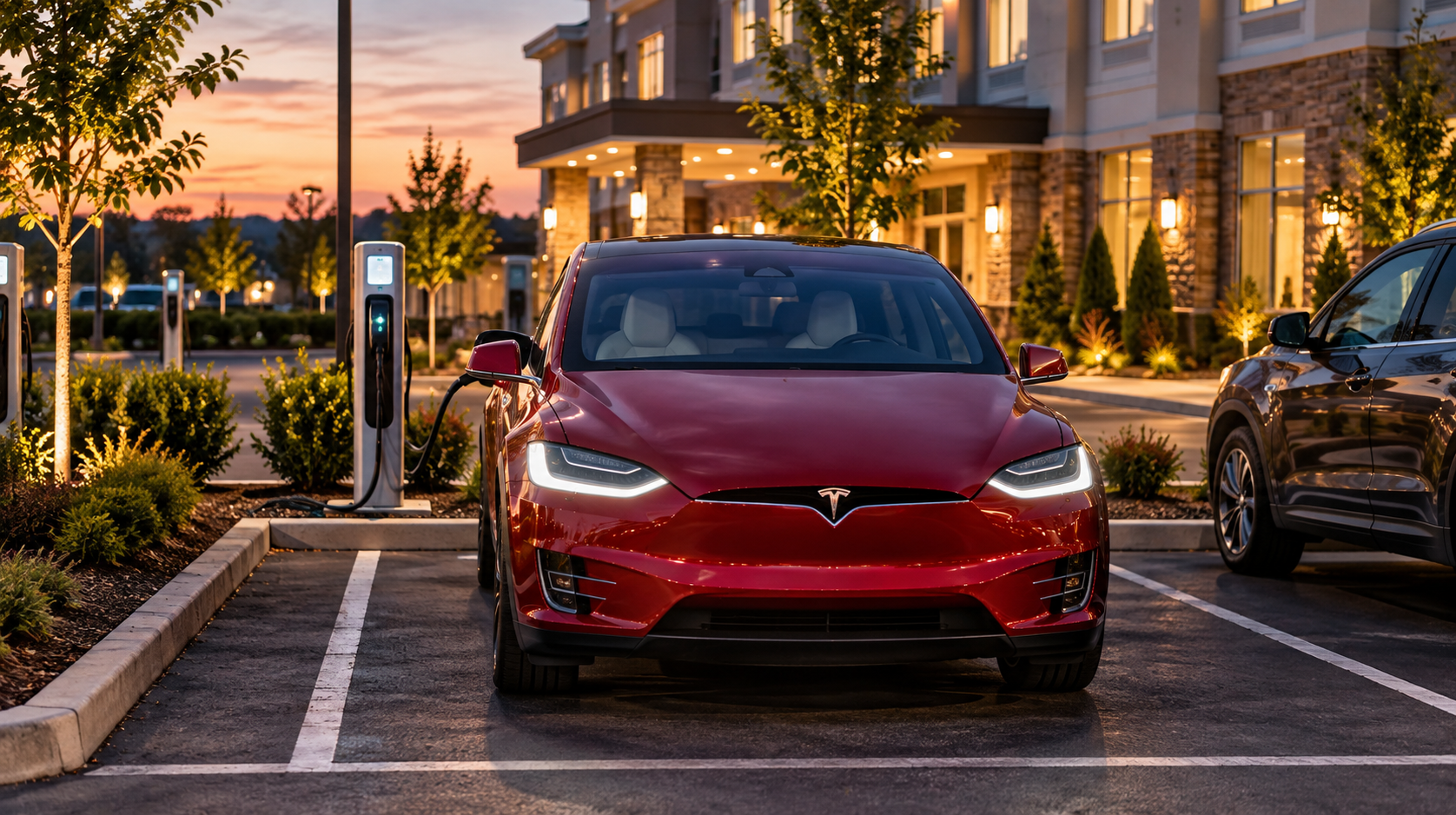Red Tesla Model X backed into an EV charging space at a roadside hotel with convenient dining and highway access nearby.