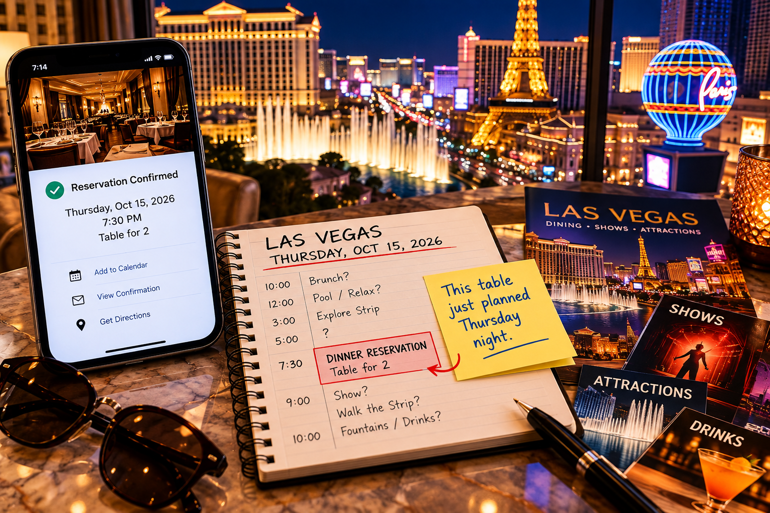 Las Vegas travel planning scene showing a confirmed Thursday 7:30 PM dinner reservation placed into an otherwise flexible evening itinerary.