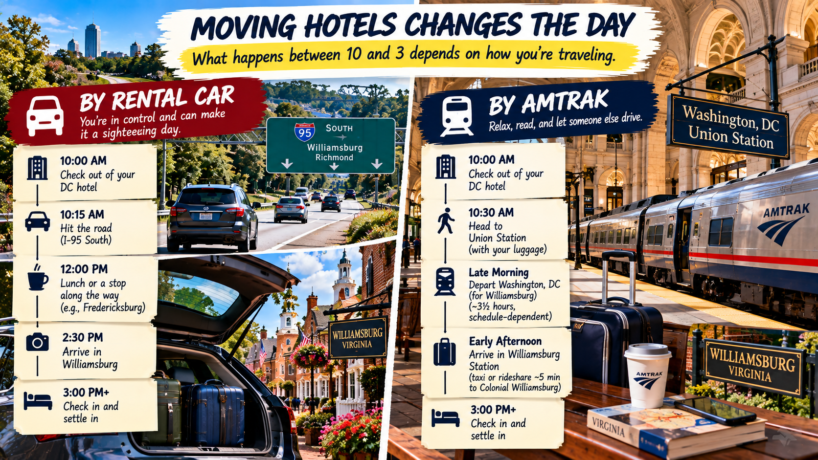 Comparison of relocating from Washington, DC to Williamsburg by rental car or Amtrak, showing how the time between hotel checkout and check-in changes with each transportation method.