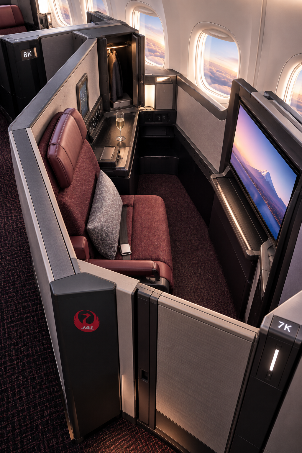 Conceptual illustration of JAL A350-1000 Business Class showing its forward-facing private suite and personal storage.