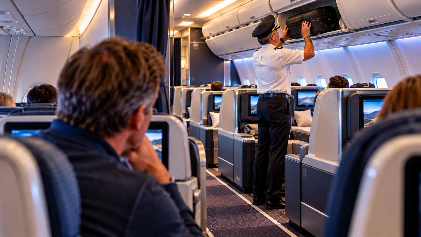 Downgraded passenger in Economy watching a uniformed airline pilot stow a bag in the premium cabin.