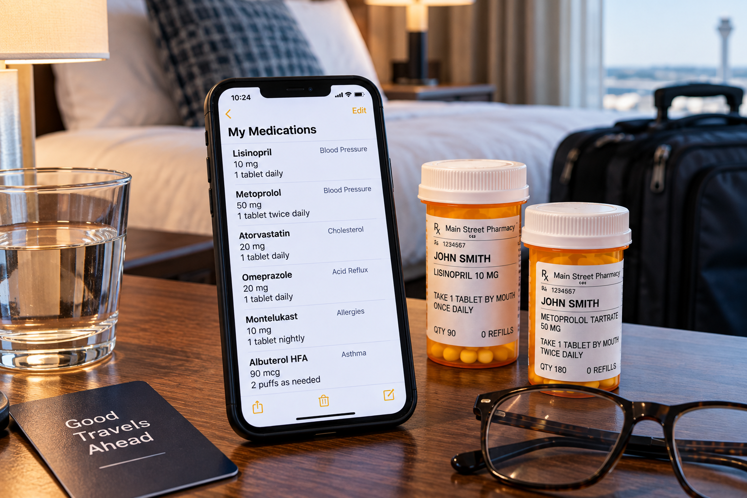 Smartphone with an organized prescription medication list beside labeled medicine bottles while traveling.