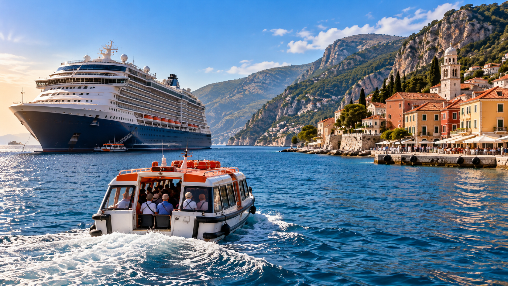 Large cruise ship anchored offshore near a coastal destination, with a smaller passenger tender traveling between the ship and the harbor.