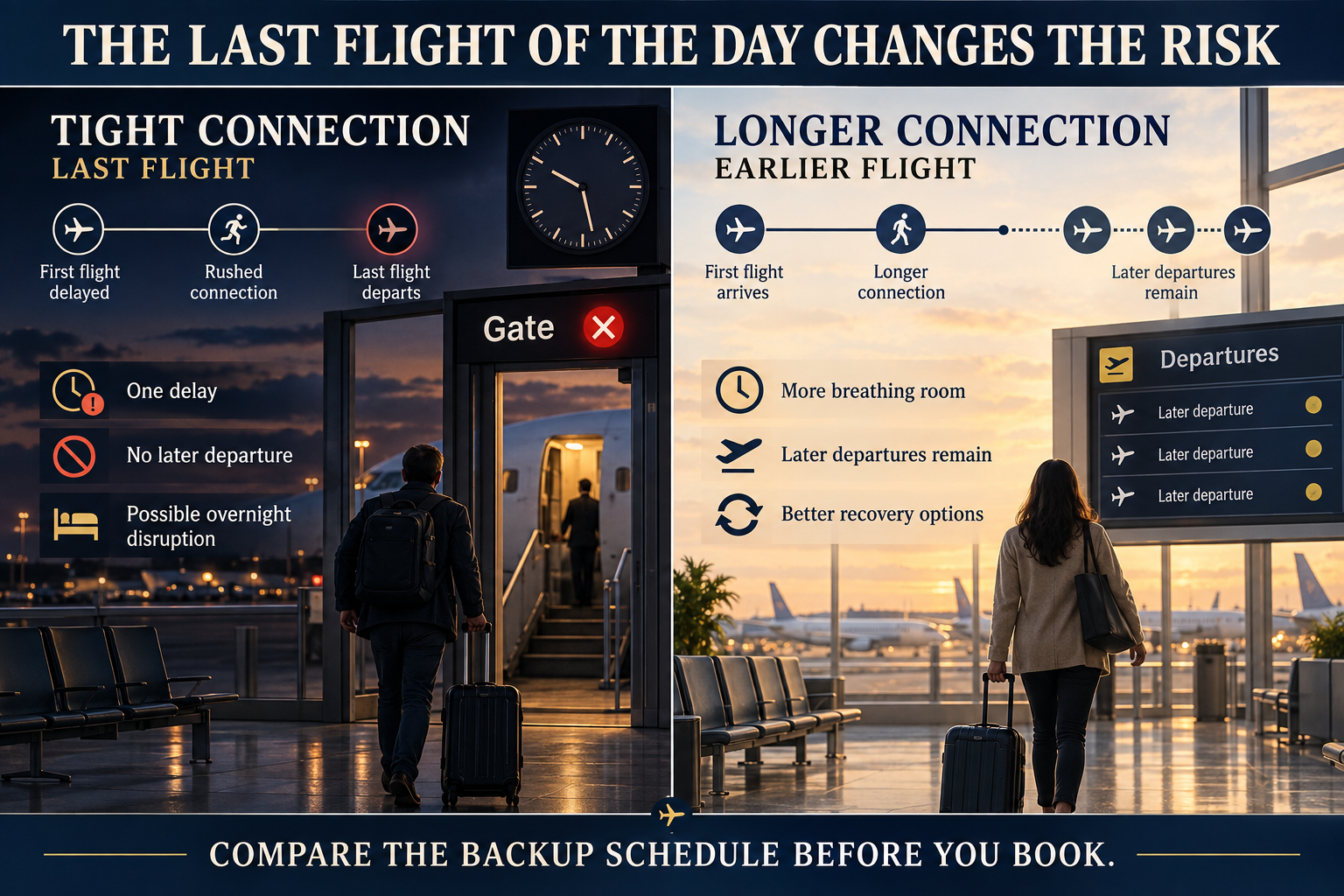 Split-screen comparison showing how a tight connection to the last flight of the day can cause an overnight disruption, while an earlier flight with a longer layover leaves more recovery options.
