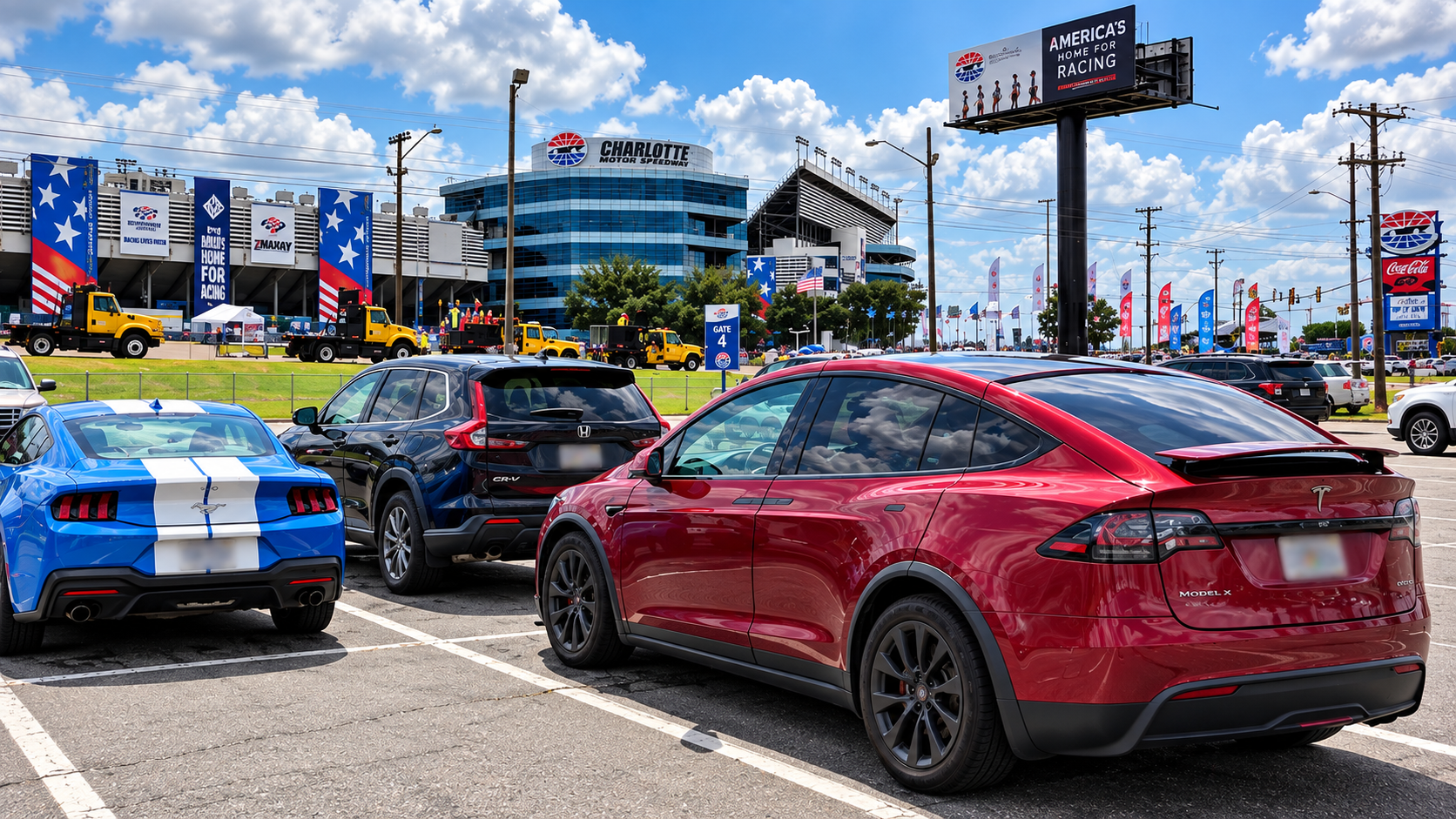 Red Tesla Model X parked in the Silver Lot near Charlotte Motor Speedway, with the speedway entrance visible in the background.