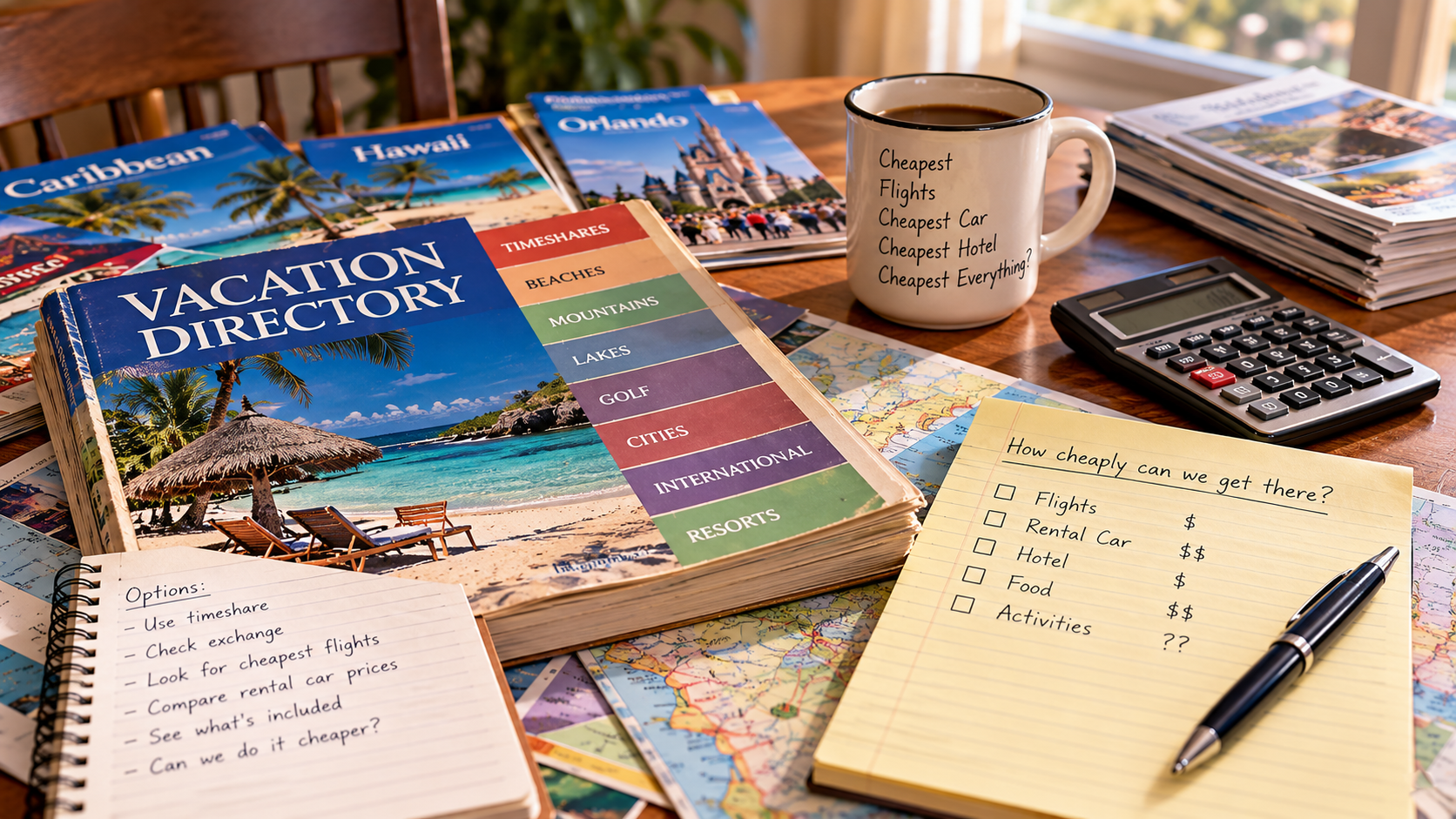 Timeshare vacation directory, travel brochures, calculator and handwritten budget notes illustrating a bargain-first approach to vacation planning.