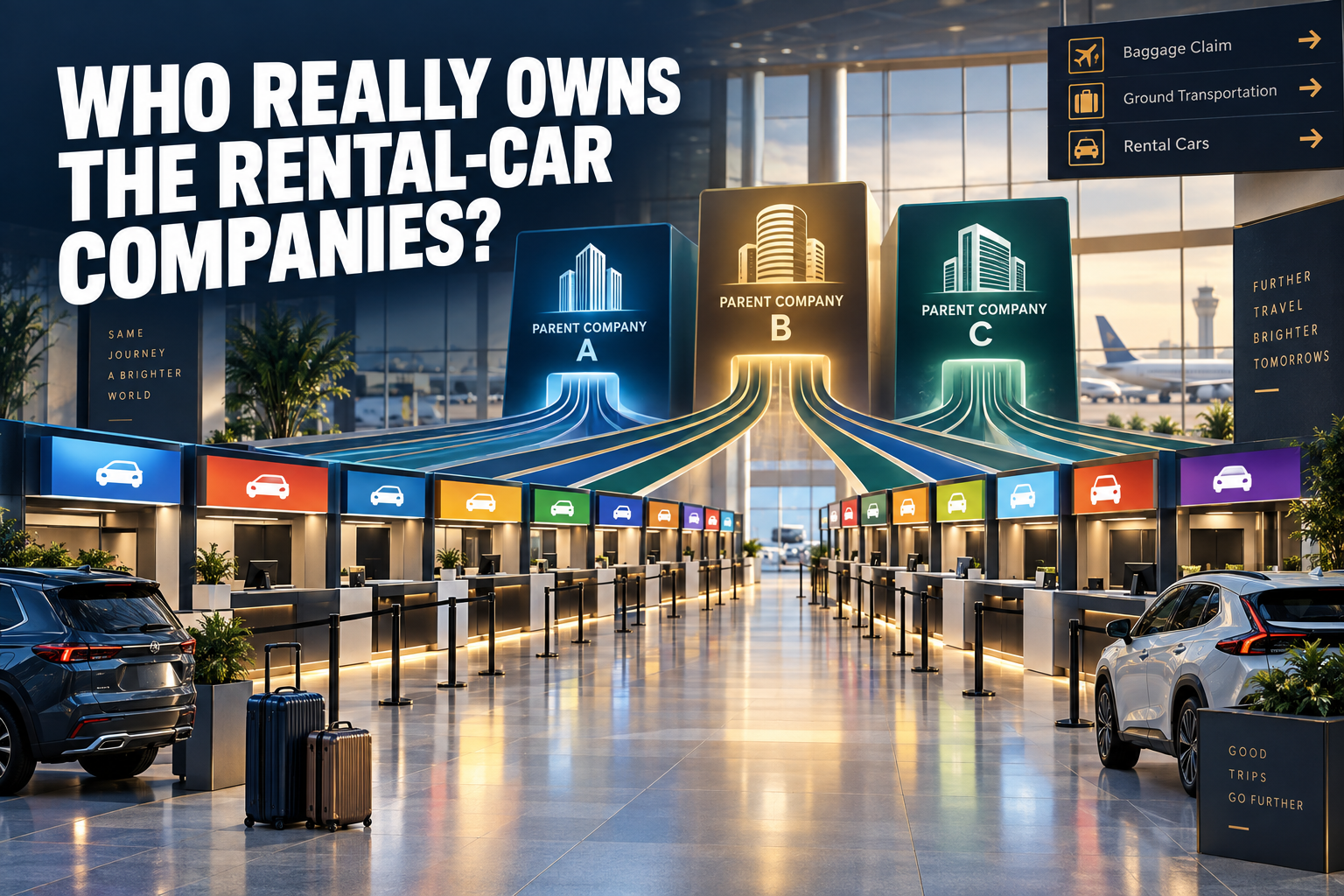 Illustrated airport rental-car center showing many rental counters connected to three parent companies.