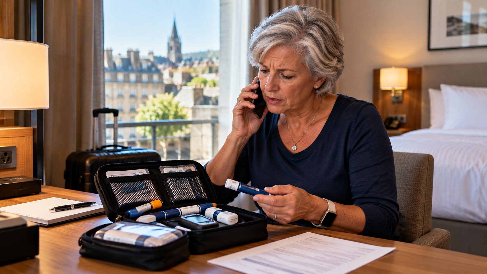 A traveler in a European hotel room speaks on the phone while examining an insulin pen and an open diabetes supply kit after discovering a possible problem.
