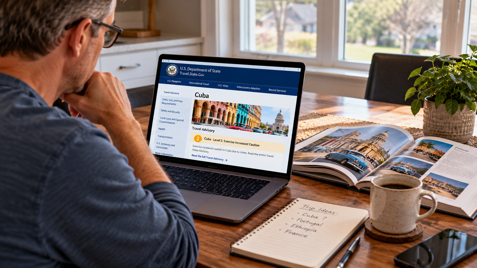 Man at home reviewing U.S. State Department travel information for Cuba on his laptop before beginning to plan an international trip.
