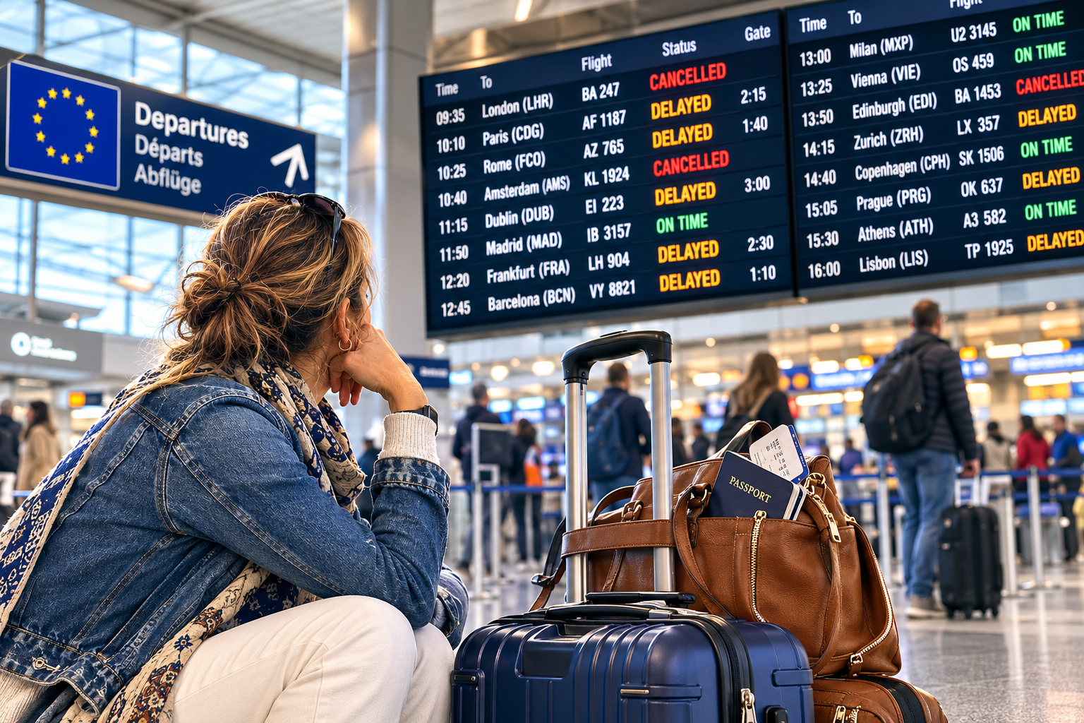 Traveler with luggage looking at a European airport departure board showing multiple delayed and cancelled flights.