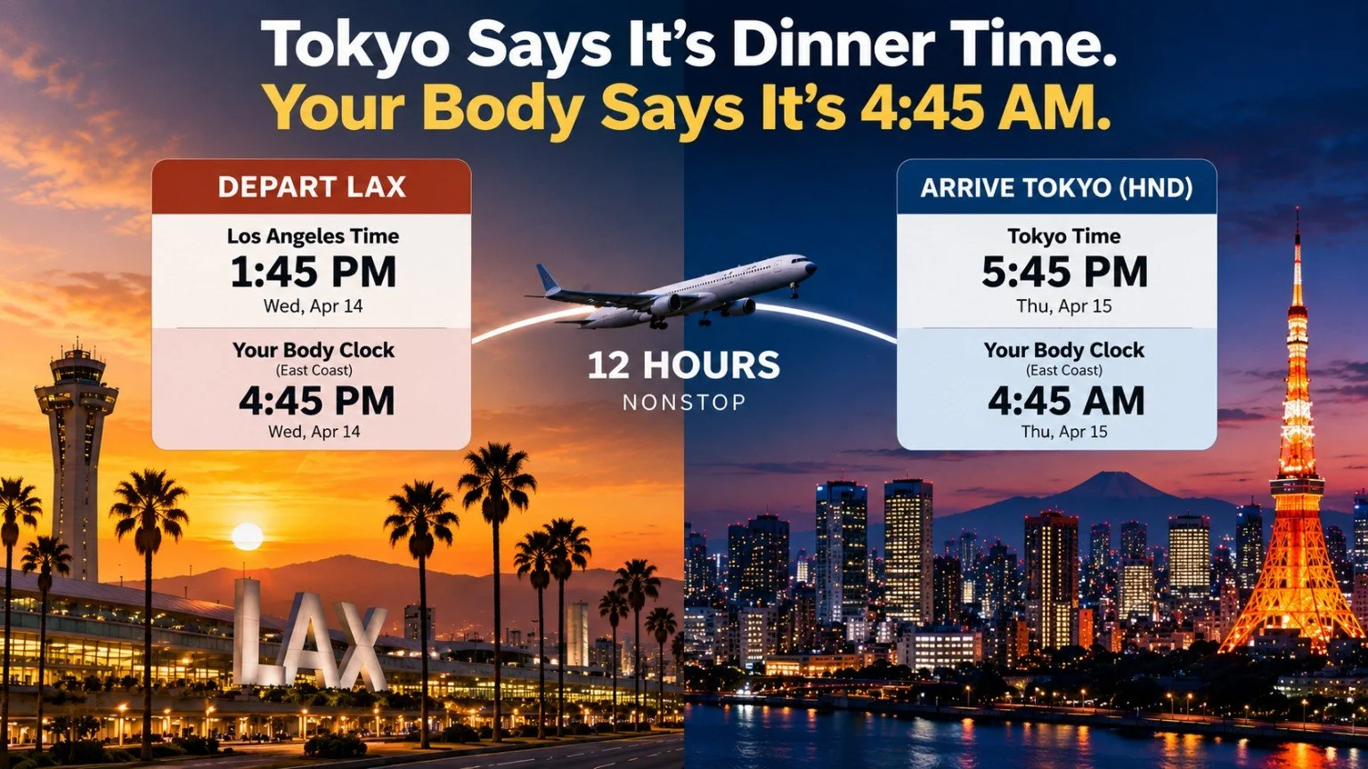 Alt text: A flight-time comparison showing a 1:45 PM Los Angeles departure, a 12-hour flight, and a 5:45 PM Tokyo arrival the following day, when an East Coast traveler's body clock reads 4:45 AM.